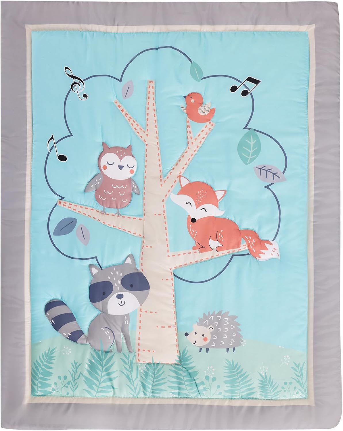 Blue Forest Animal Fox Racco Owl Nursery Crib Bedding Set for Boys 5 Pieces - Quilt/Fitted Sheet/Skirt/Pillow Cover/Blanket 28'' X 52 ''