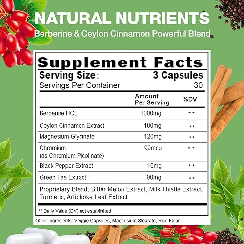 Miniatura 2 de Suplemento de berberina con canela de Ceilán y picolinato de cromo, 10 en 1 berberina 1000 mg por porción, berberina 5X para metabolismo, corazón e