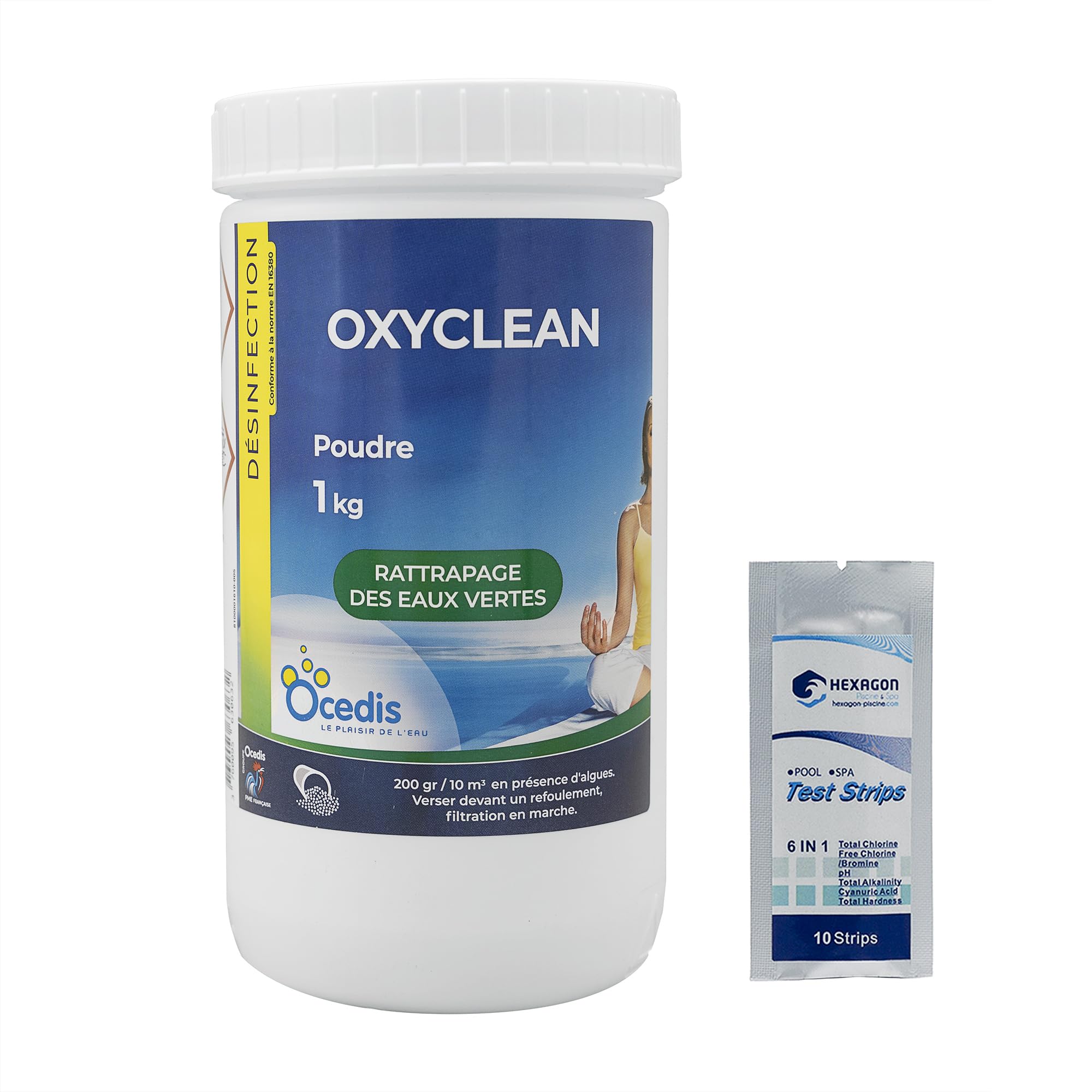 OCEDIS OXYCLEAN Poudre - 1kg | Oxygène Actif Choc - Activateur de Brome - Désinfection Choc sans Chlore - Dissolution Rapide + 10 Tests HPS OFFERTS 6 en 1