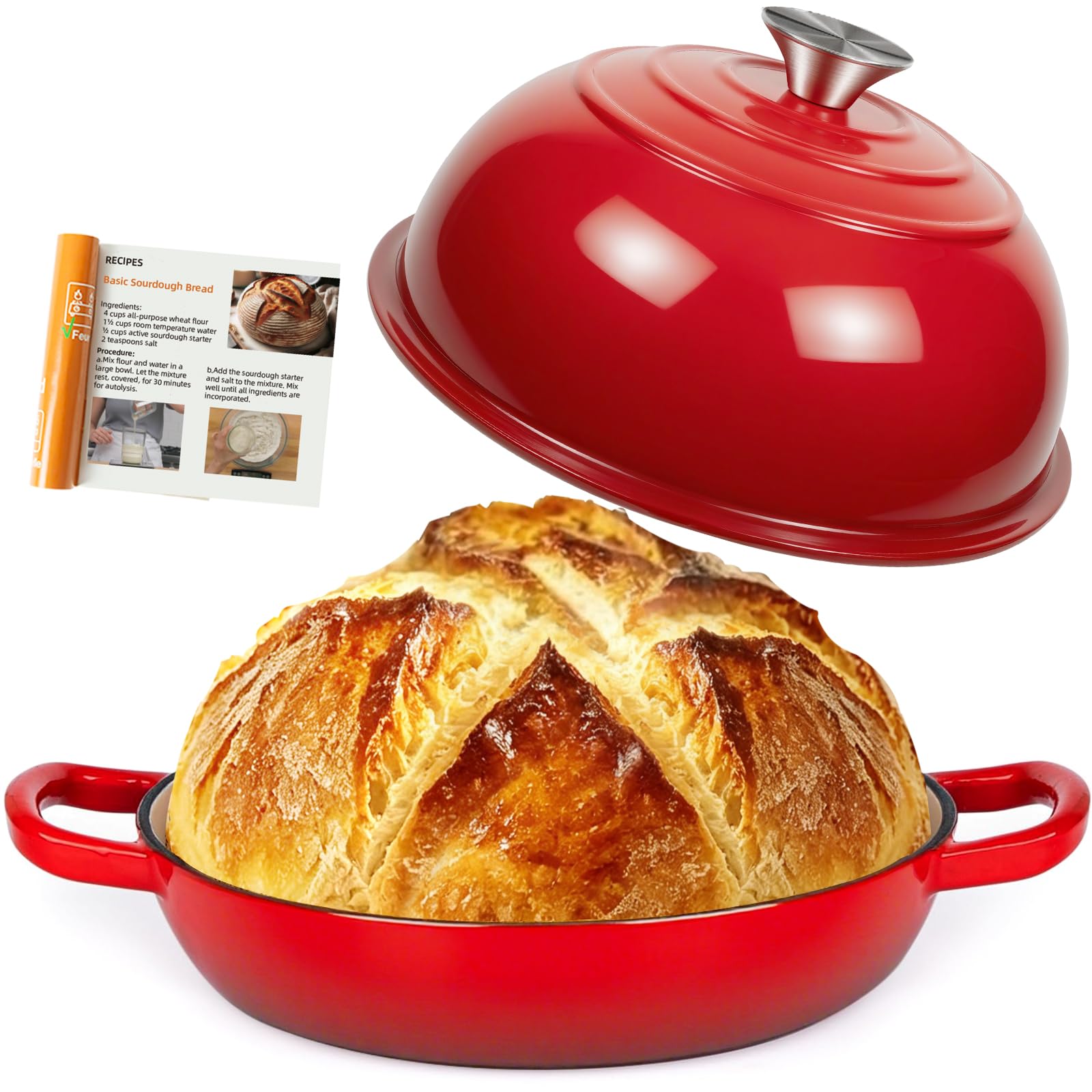 AHJ Dutch Oven For Sourdough Bread Baking,26cm/5.7L Enameled Cast Iron Dutch Oven,Non-Stick Sourdough & Casserole Dish, Casserole Pot for Bread Baking,Roasting,Braising,Best Gift for Christmas (Red)