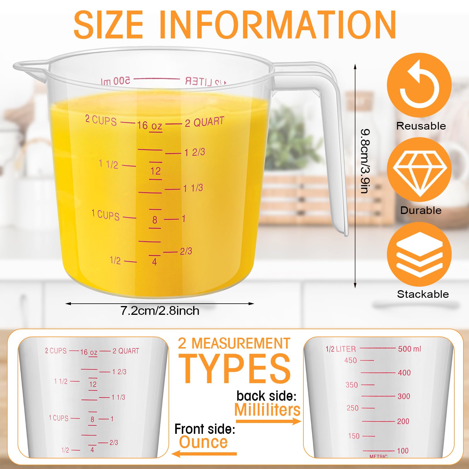 Kanayu Lot de 36 tasses à mesurer en plastique transparent avec bec verseur et poignée, capacité de préhension, pichet gradué transparent pour farine, eau, liquides de cuisine (rouge, 473,6 g, 2