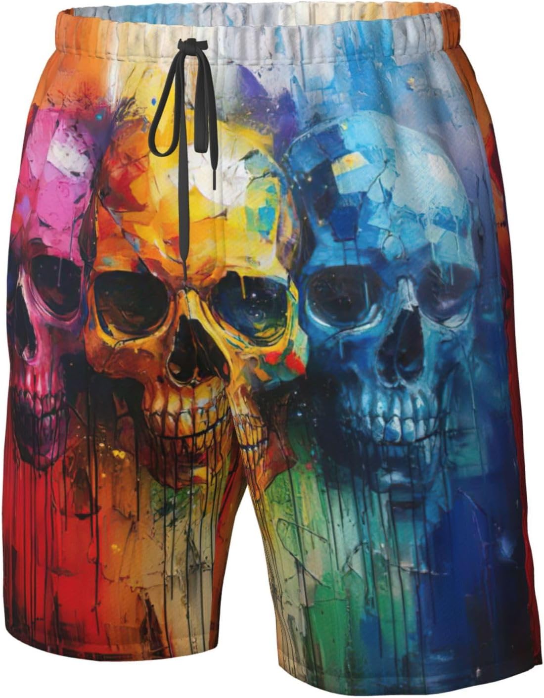 Color Skulls Print Men's Quick-Drying Shorts Casual Beach Pants Stretch Waist Shorts and Pockets