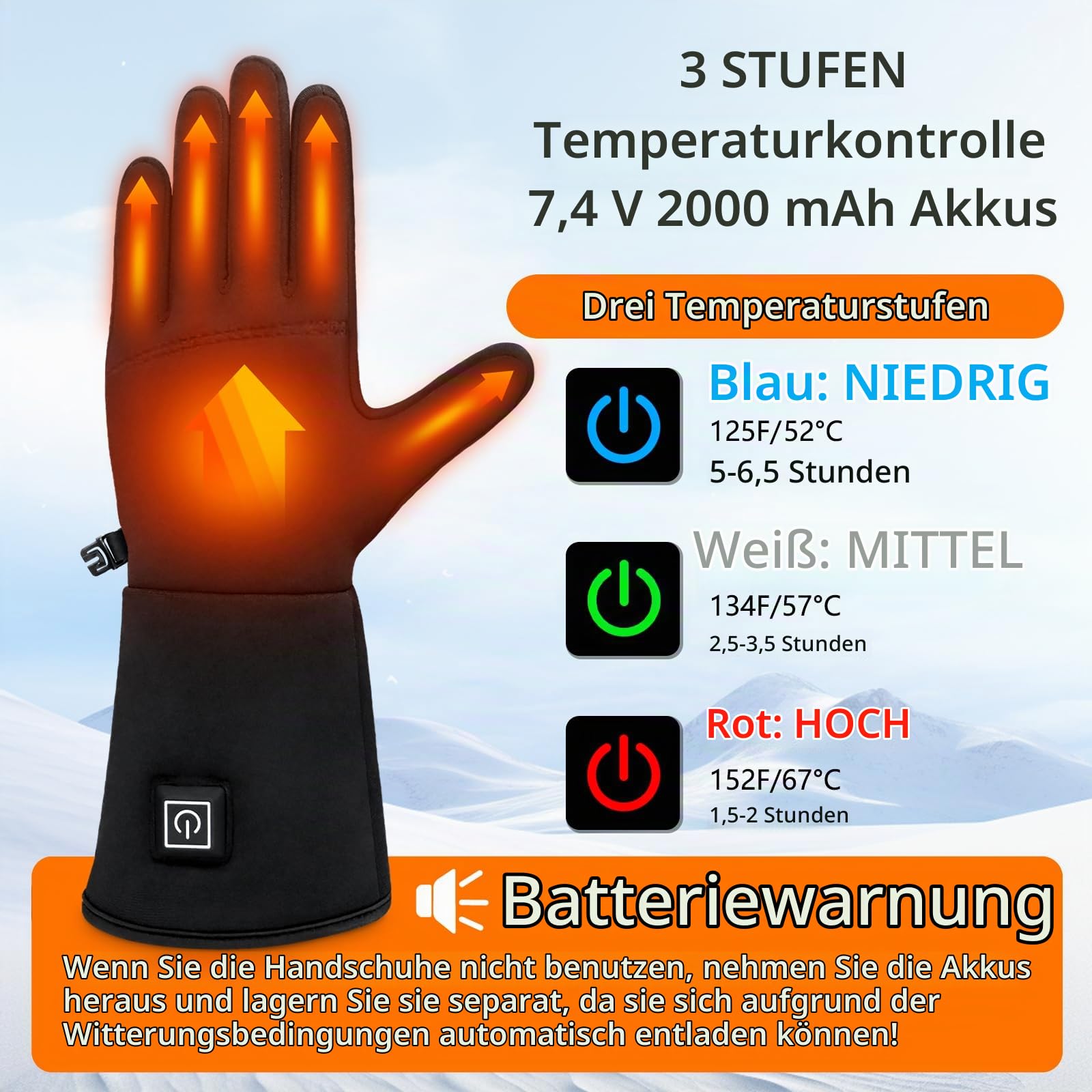 seenlast Beheizbare Handschuhe Damen Herren, 3 Heizstufen Wasserdicht Touchscreen Winterhandschuhe für Wintersport, Motorrad, Skifahren, Klettern,Wandern