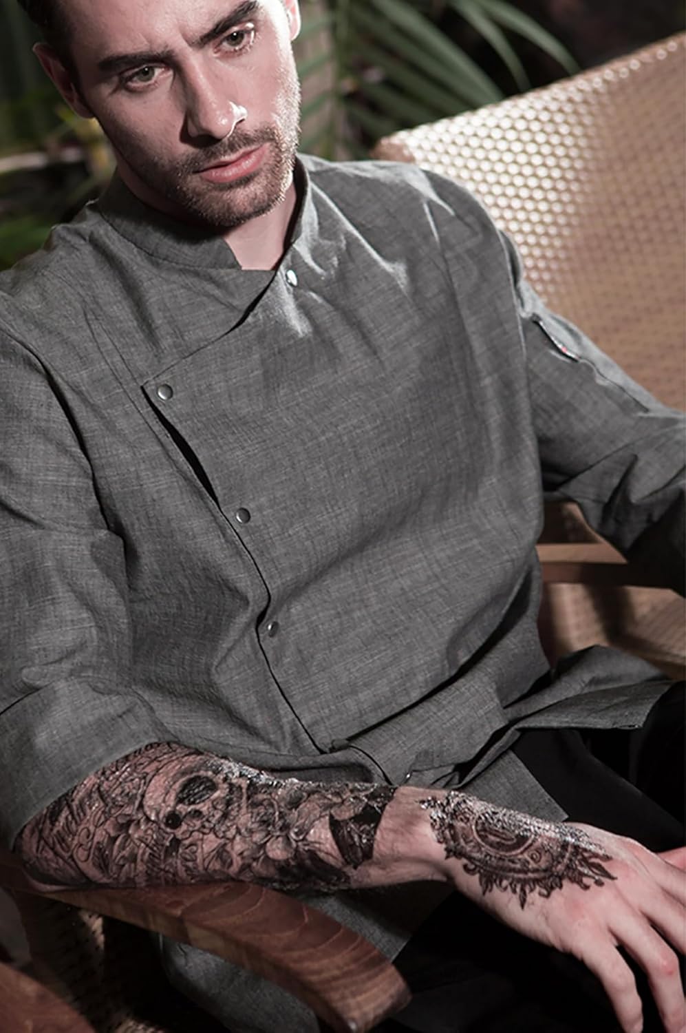 Lenmipot Men's Chef Coat 3/4 Short Sleeves Kitchen Chef Jacket Metal Snaps Restaurant Chef Uniforms for Men Chef Shirt - Image 4