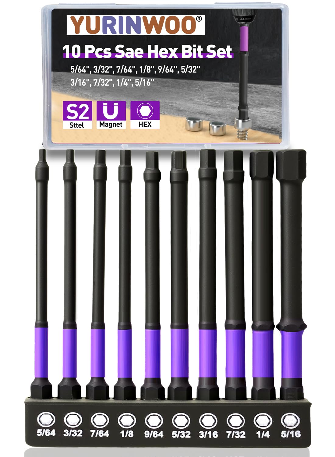 10Pcs Hex Head Allen Wrench Drill Bit Set (SAE), 100mm Long S2 Steel Bits Set, CNC Machined Tips with Magnetism, 1/4โ Hex-Shank Inner Hexagon Screwdriver Bit with Storage Box