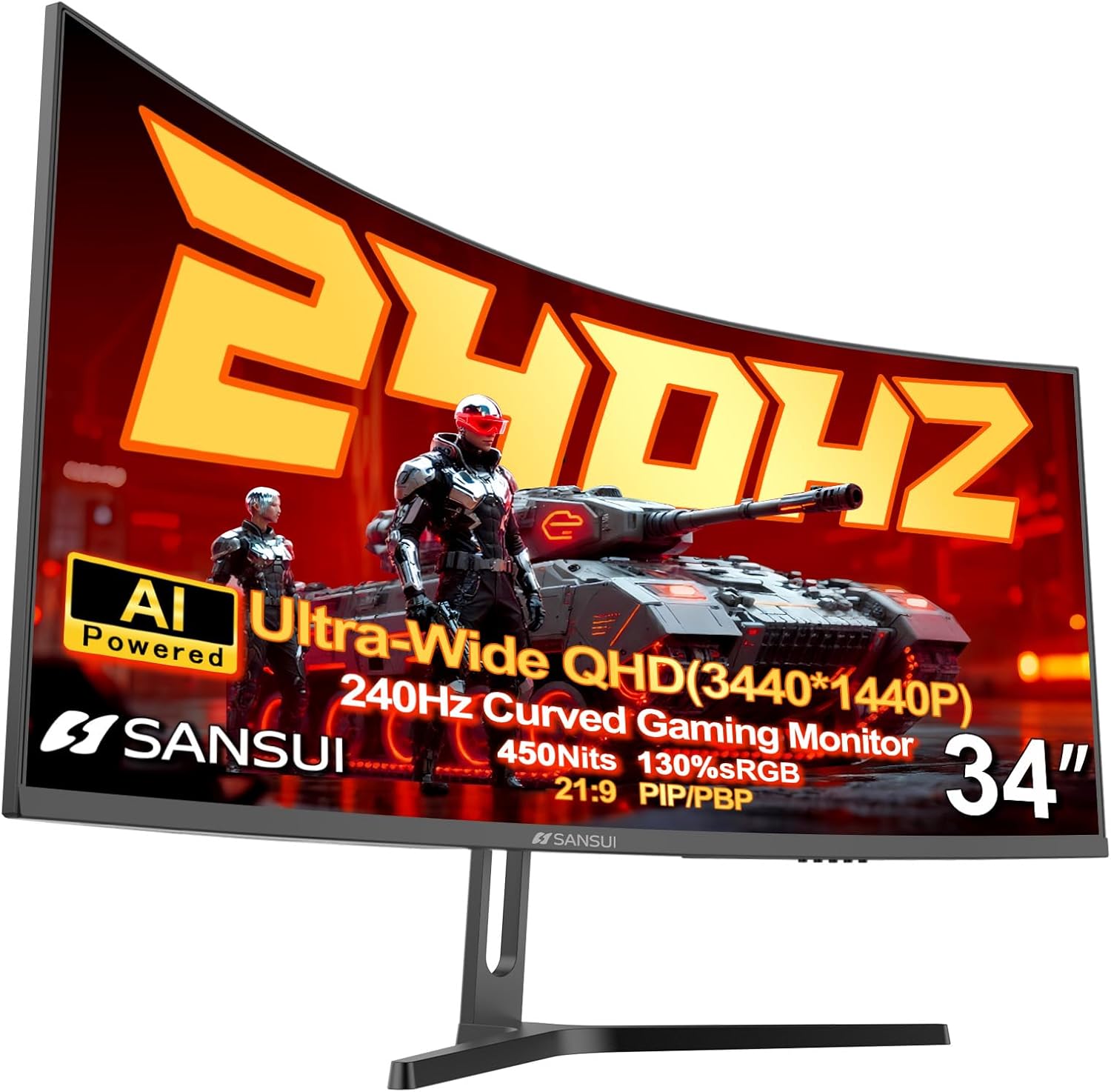 SANSUI 34 Inch 240Hz Ultrawide Curved Gaming Monitor UWQHD 3440×1440, 21:9 2K Curved Monitor 1500R,HDR400,Fast VA, PIP/PBP,AI Crosshair,AIPQ(Visual Enhance),MPRT 1ms,HDMI2.1*2,DP1.4*2(DP Cable Incl.) SANSUI 34 Inch 240Hz Ultrawide Curved Gaming Monitor UWQHD 3440×1440, 21:9 2K Curved Monitor 1500R,HDR400,Fast VA, PIP/PBP,AI Crosshair,AIPQ(Visual Enhance),MPRT 1ms,HDMI2.1*2,DP1.4*2(DP Cable Incl.)