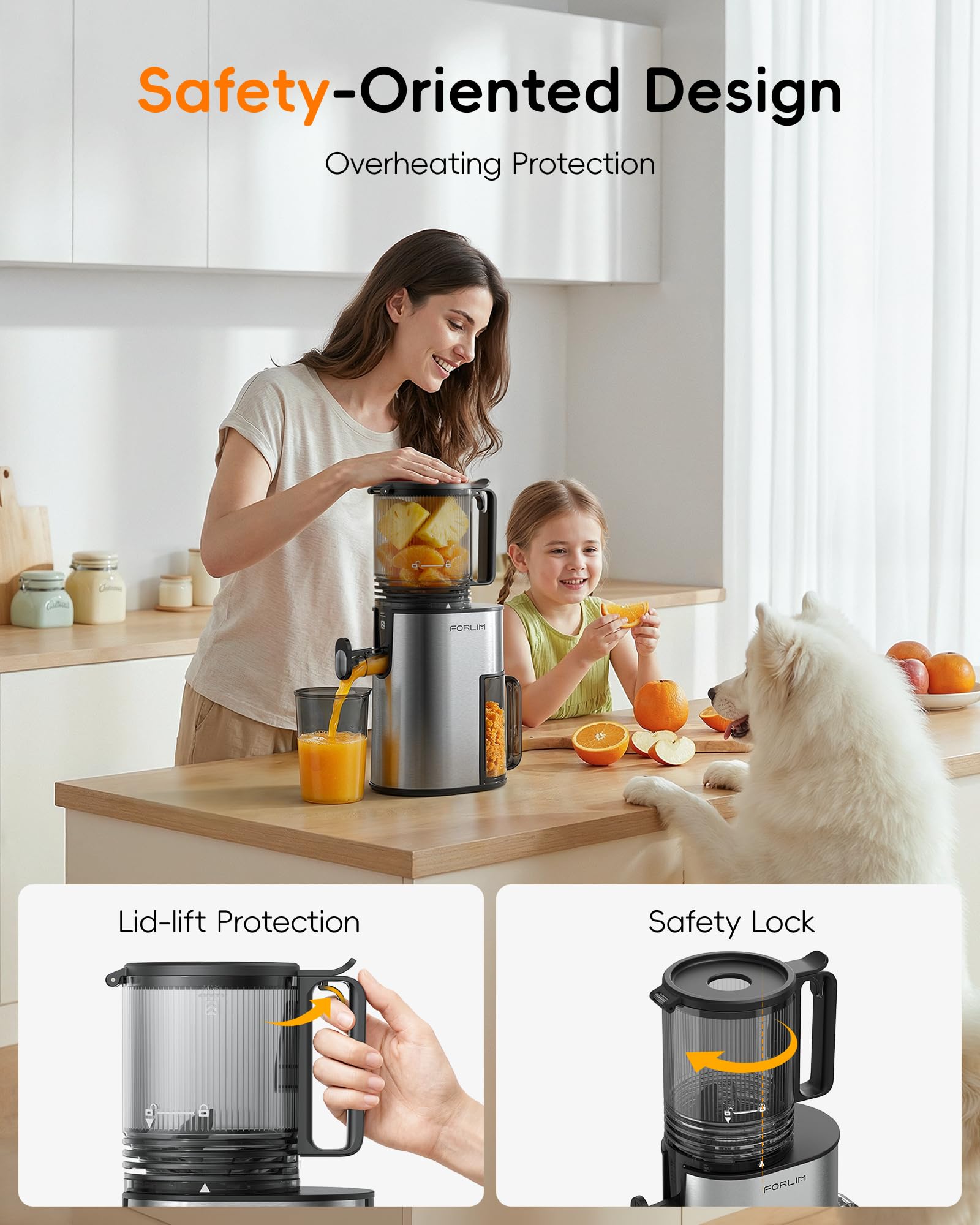 FORLIM Extracteur de Jus 250W Lent Rotatif 130mm Grande Cheminée Auto-alimentée 1,7L Réservoir Argent