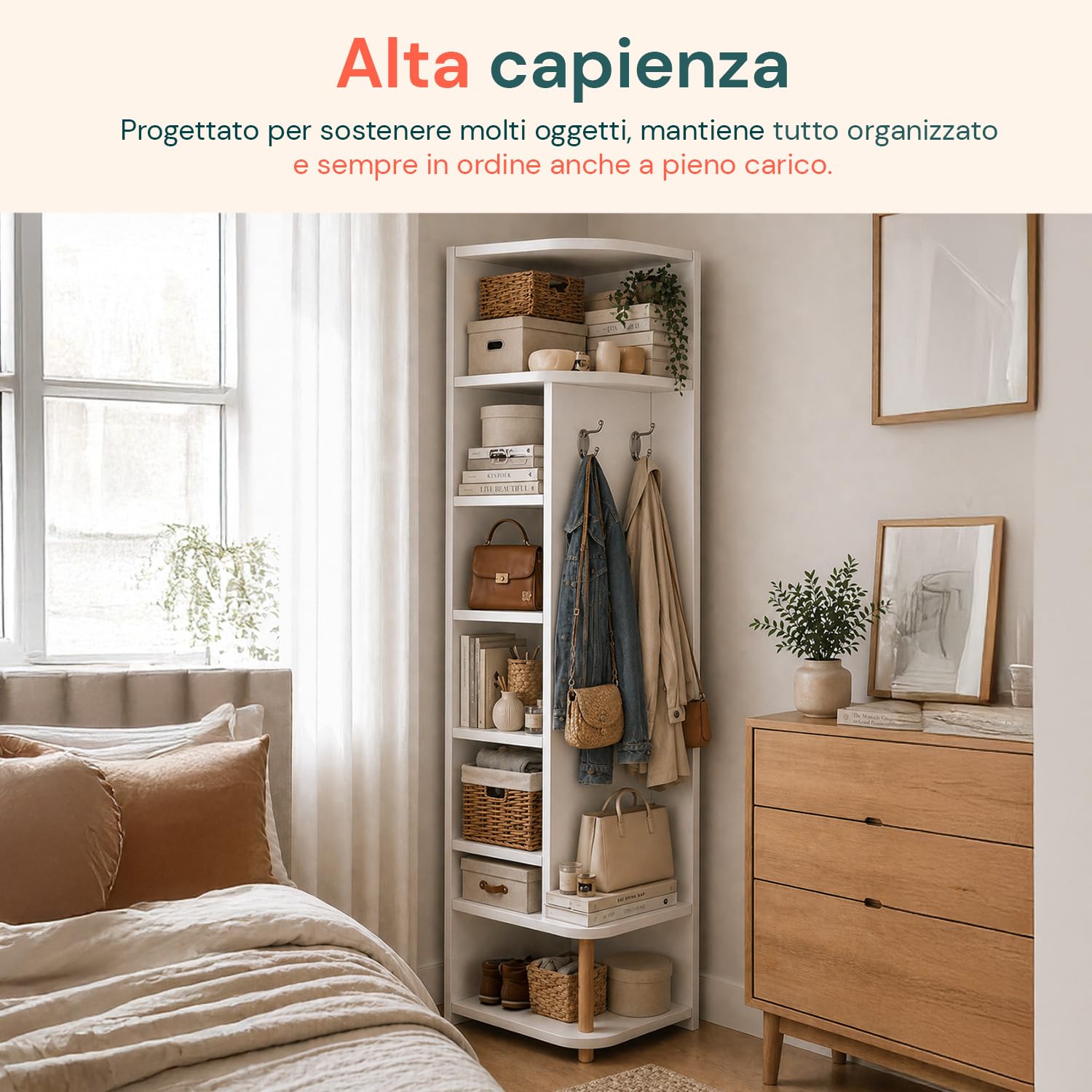 Avilia - Scaffale Angolare Bianco a 7 Livelli – Libreria Verticale Salvaspazio h 180 cm – Mobile ad Angolo con 2 Ganci Laterali Appendiabiti – Struttura Robusta per Soggiorno, Bagno e Ingresso – 30x30