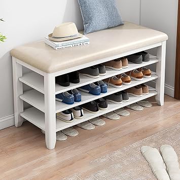 Shoe Bench with Cushion, 3 Tier Entryway Shoe Rack Shoe Storage, Adjustable Shelf Wooden Shoe Organizer for Entryway, Living Room, Bench Seat Porch EntranceWhite,60cm