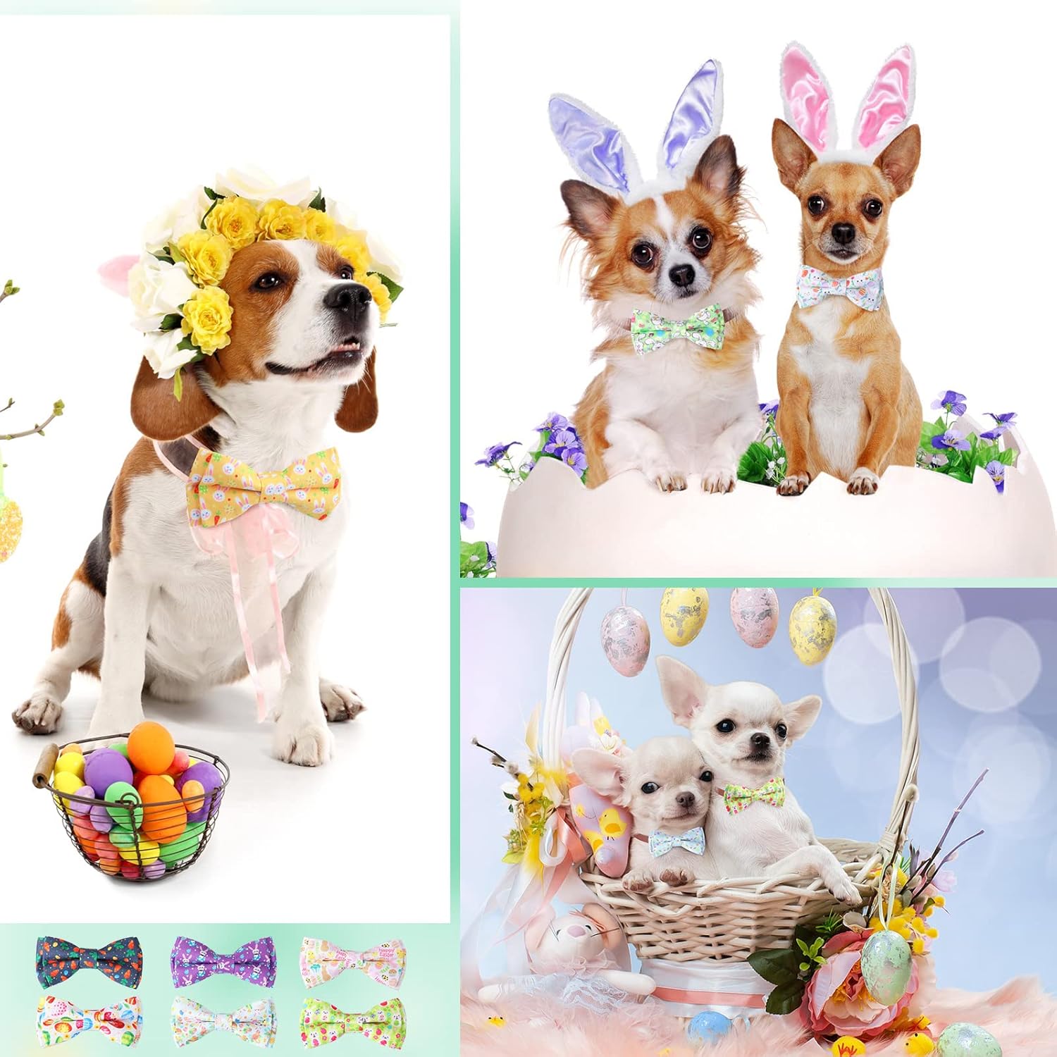 30 Pieces Easter Collar Dog Bow Ties Rabbit Bows for Dogs Ties Attachment with Elastic Bands Collar Detachable Charms for Grooming Accessories Easter Costume