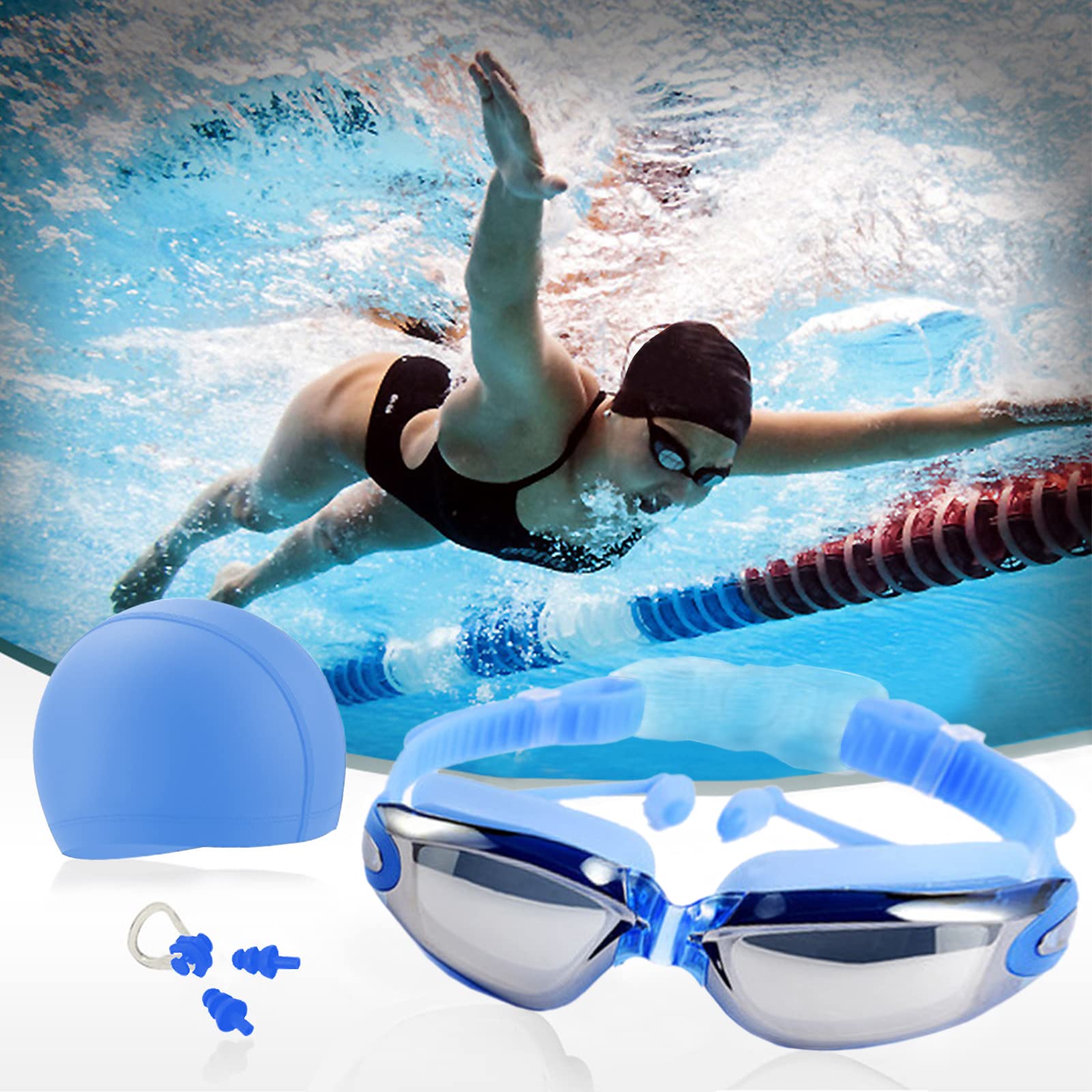 HONPOLO Swimming Goggles 4 Set, Ear Plugs Nose Clip Clear Vision HD Waterproof and Anti-fog Swimming Glasses Men and Women Large Frame Electroplating Swim Goggles with Swimming Cap Set