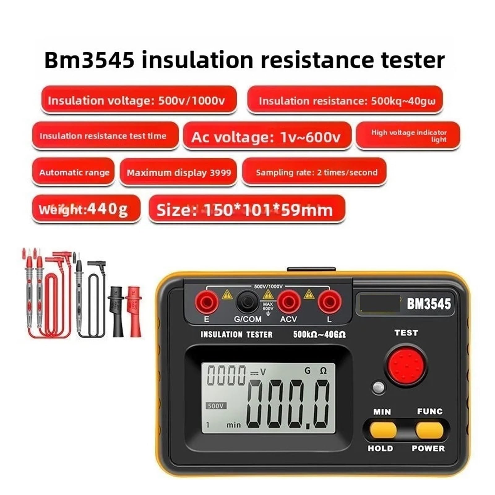 Widerstandsmessgerät, Digitaler Isolationswiderstandstester 2500 V, Hochspannungs-Megohmmeter for Elektriker(1000V 40G)