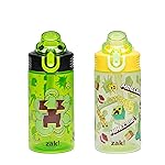 Zak Designs Minecraft Sage Kids Water Bottle For School or Travel, 16oz Durable Plastic Water Bottle With Straw, Handle, and Leak-Proof, Pop-Up Spout Cover, 2-Pack Set (Creeper)