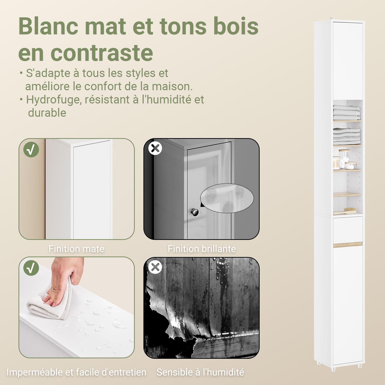 SoBuy Meuble Salle de Bain Colonne Salle de Bain 180cm Armoire de Rangement Étroite 20x20cm avec Étagères Réglables et Tiroir - Colonne Gain de Place pour WC, Lavabo, Buanderie Blanc BZR34-WN