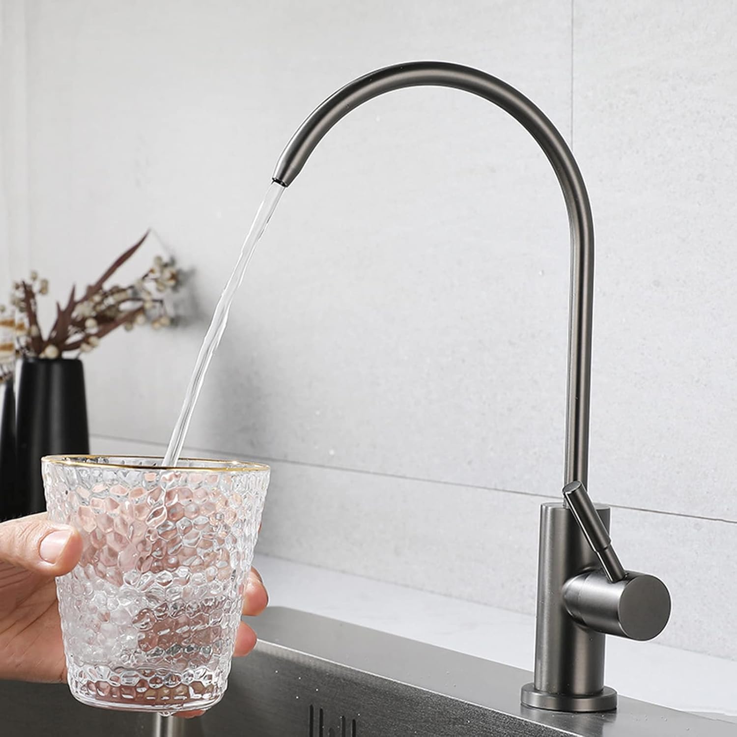 Water Filter Tap,Single Cold Kitchen Tap Gooseneck Drinking Water Tap Fits All Water Reverse Osmosis Systems,Brushed