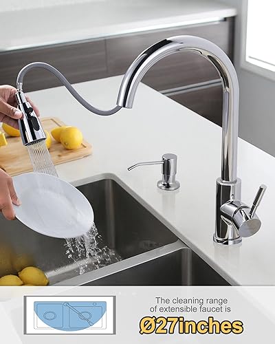 Miniatura 3 de WOWOW - Grifo de cocina cromado con dispensador de jabón, grifo de acero inoxidable para fregadero de cocina de 2 o 4 agujeros, grifo de cocina