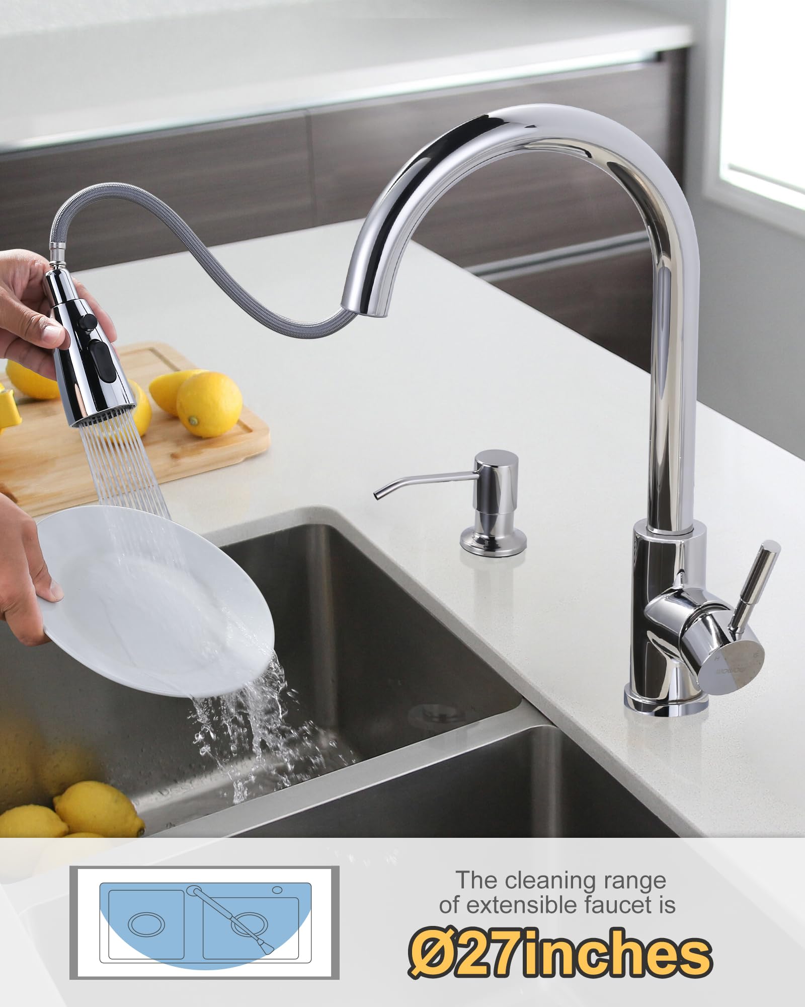 Grifo De Cocina Con Dispensador De Jabón - Acero Inoxidable, Níquel Cepillado, Rociador Extraíble, 3 Modos