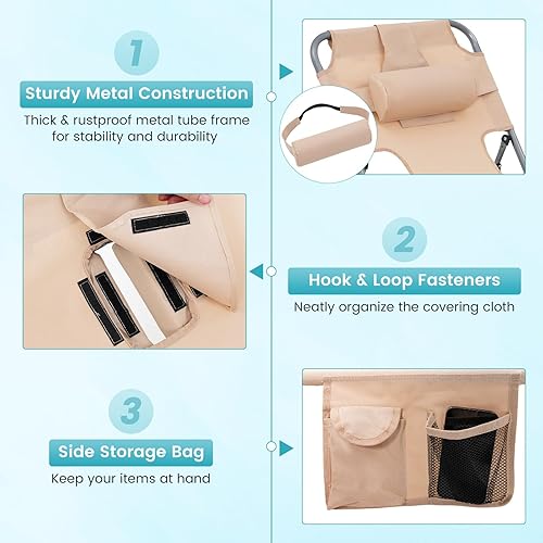 Miniatura 9 de Goplus Silla bronceadora, silla de playa plegable con agujero para cara y brazo, 5 posiciones ajustables, almohada extraíble, bolsillo lateral,