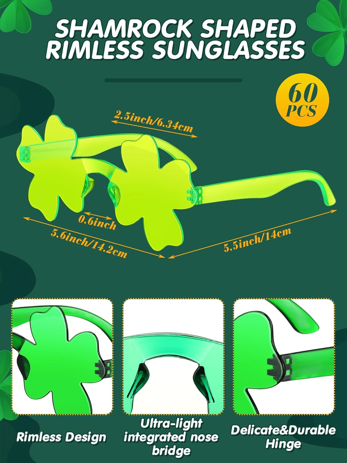 36 Pcs St. Patricks Day Shamrock Sunglasses Bulk Irish Shamrock Glasses Green Clover Eyewear St Patrick Favor Supply