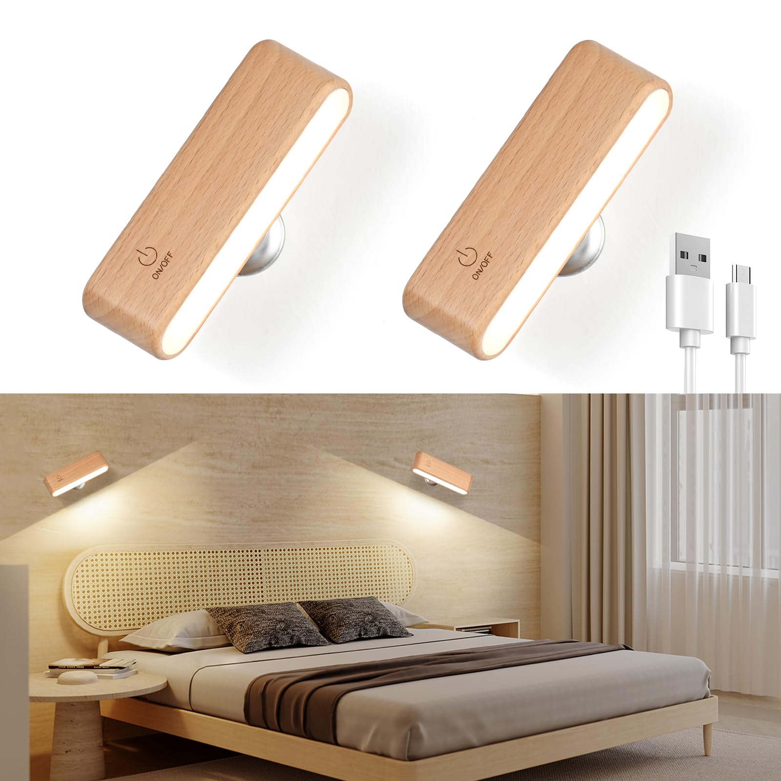 Euakee Lámpara de Pared LED 2Pcs, 2600mAh Lámpara de Pared Inalámbrica Recargable, Brillo Regulable Pared Interior Lámparas de Pared Inalámbricas, 360° Giratorio de Control Táctil