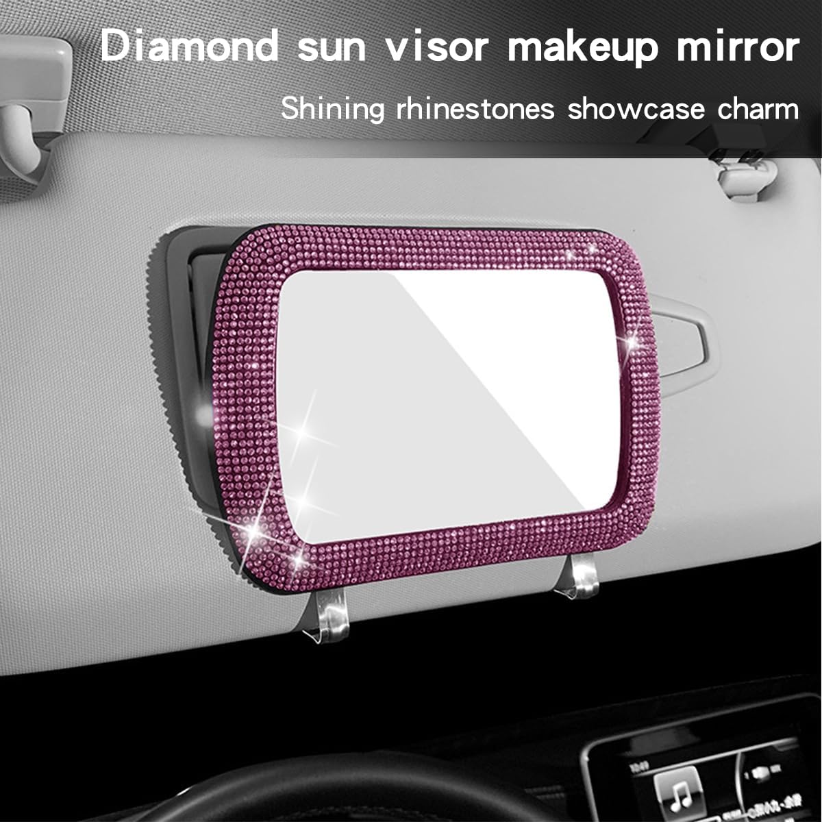 Bittwee Car Sun Visor Mirror, Bling Reinestone Crystal Visor Makeup Vanity Cosmetic Mirror Clip for Women Girls, Automotive Mirror Light Sun Shading Universal for SUV, Truck, RV and More（Pink）