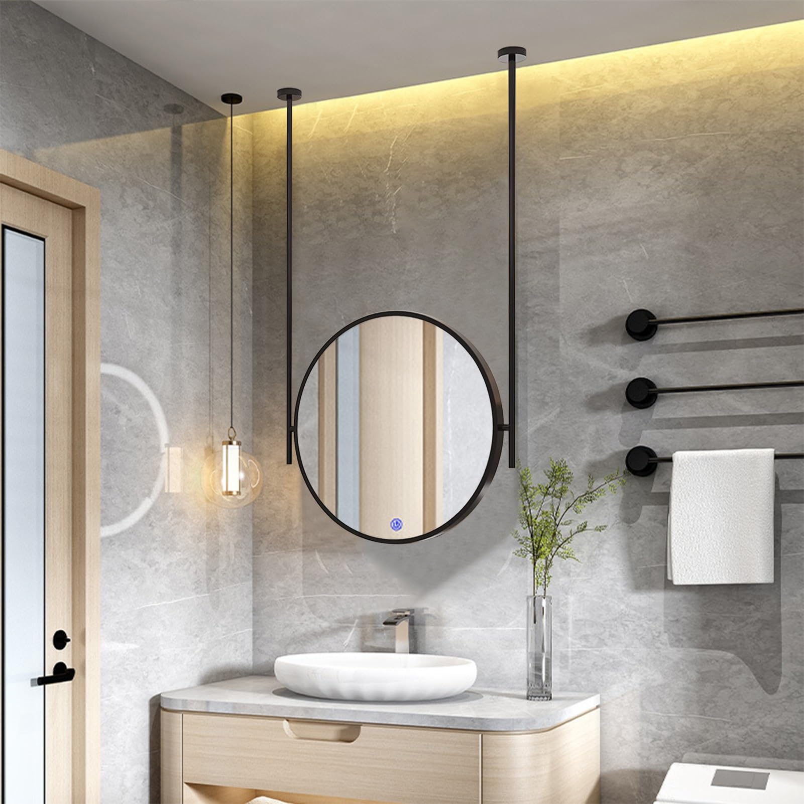 WJFTODAY Black Round Ceiling Mirror with Metal Frame, 23.6" Decorative Wall-Mounted Vanity Mirror for Bathroom, Bedroom, Living Room, Entryway - Stylish Makeup & Home Decor