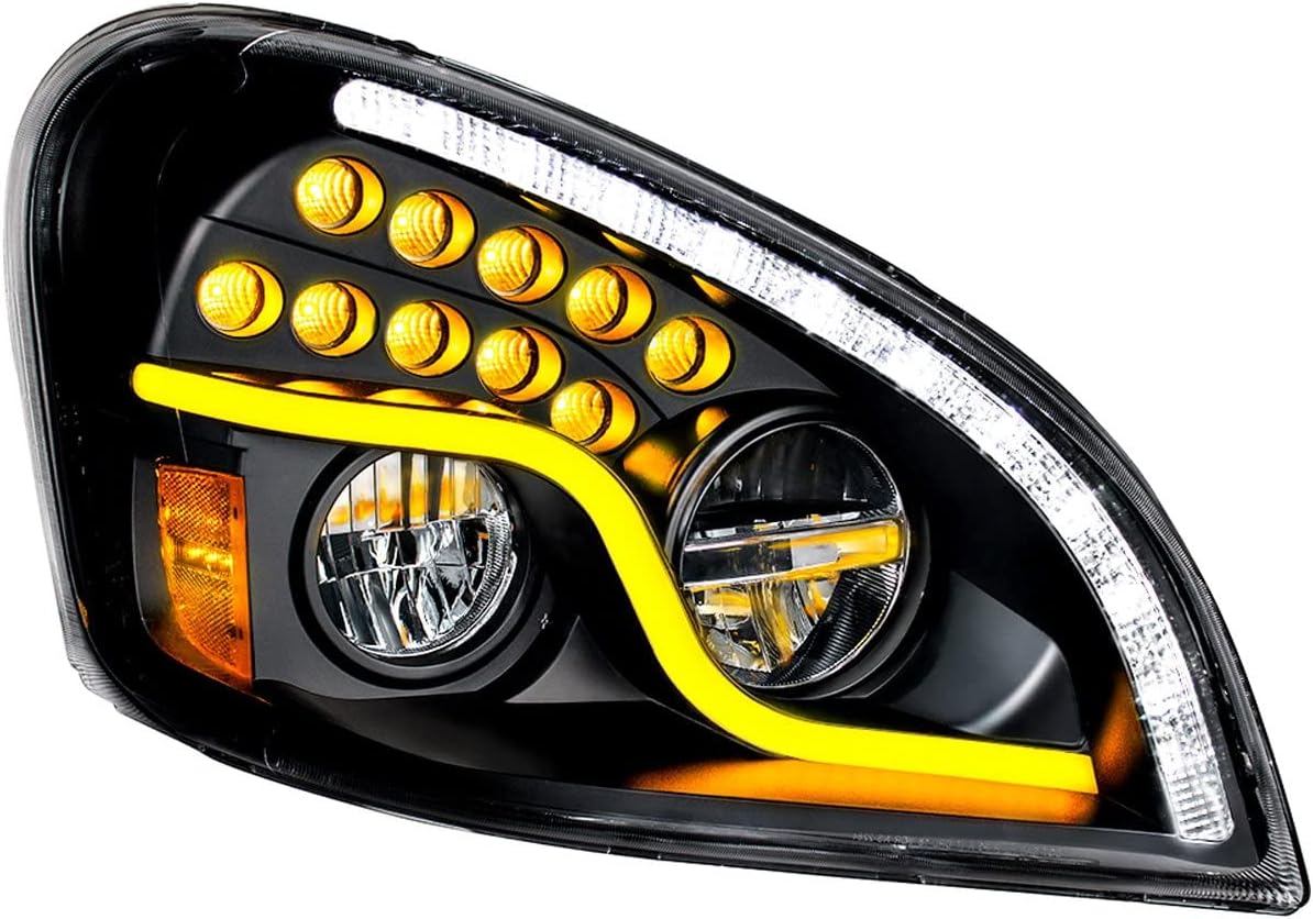 UNITED PACIFIC 35793 Headlight Assembly High Power, Led, Rh, Black Housing, High/Low Beam, with Led Turn Signal, Position Light Bar and Daytime Running Light