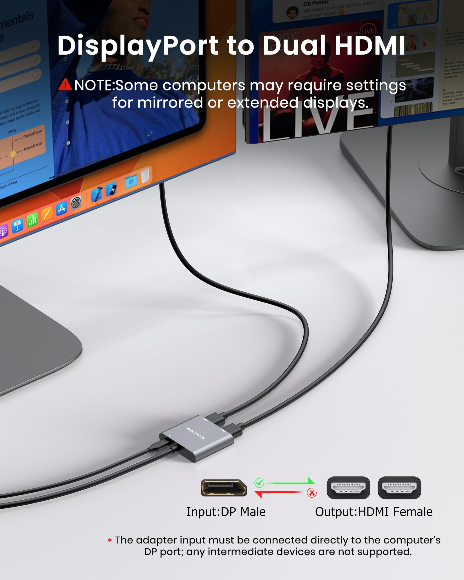 Adaptateur DisplayPort 4K 60 Hz vers double HDMI, répartiteur MST pour rallonge double moniteur, prend en charge le mode étendu et miroir, Plug and Play, câble d'alimentation USB inclus
