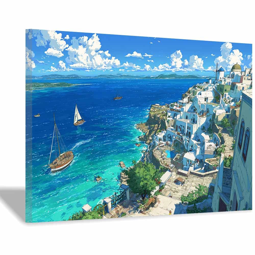 DMZPKZB Nature Canvas Wall Art Decor Santorini Coastsal SailBoats s Landscape Poster,For Office, Bedroom,Bathroom,Living Room,Corridor,Classroom,for Home Decoration(Multicolor)-70x100cm Framed