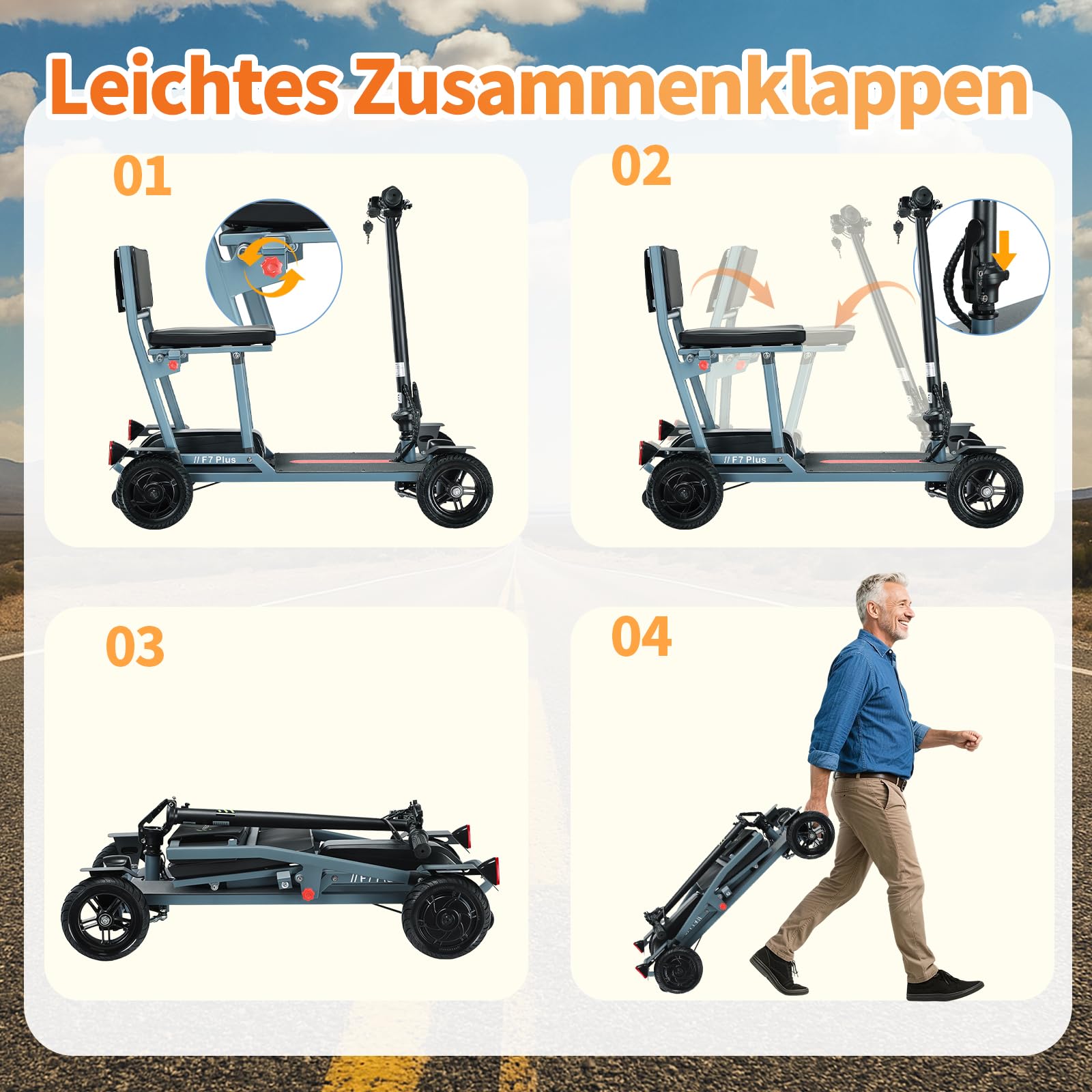 Elektromobil Klappbar für Senioren, 60Km Seniorenmobil leicht, einfach aufzubauen und schnelles Aufladen, Stabiler Mobilitätsroller mit 4 Räder (Blau)