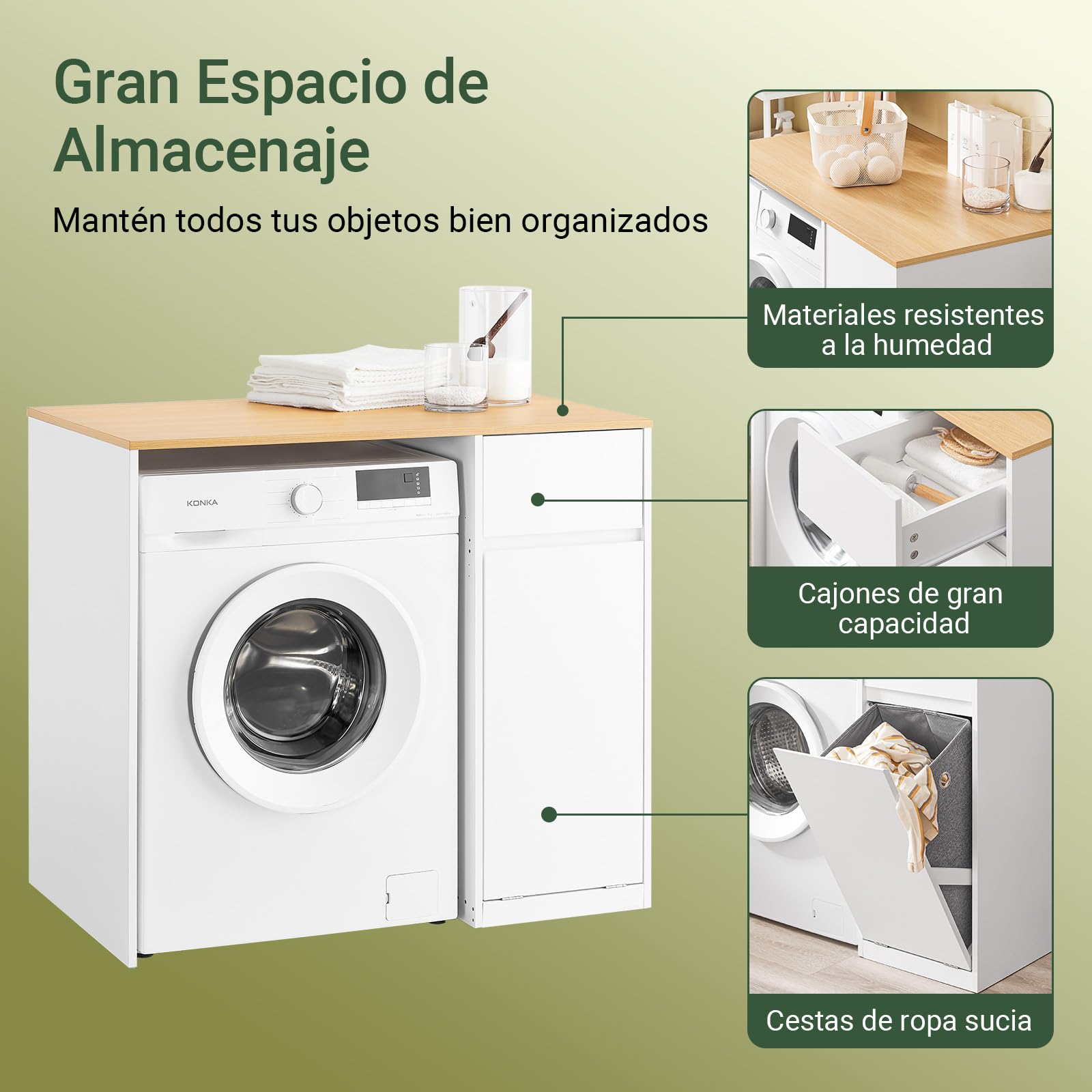 SoBuy Mueble para Lavadora – Armario de baño – Mueble Ropa Sucia con cesto para Ropa y cajón, para Lavadora y Secadora, Muebles Auxiliar en Blanco con Efecto Madera, 100×60×90 cm, BZR217-WN