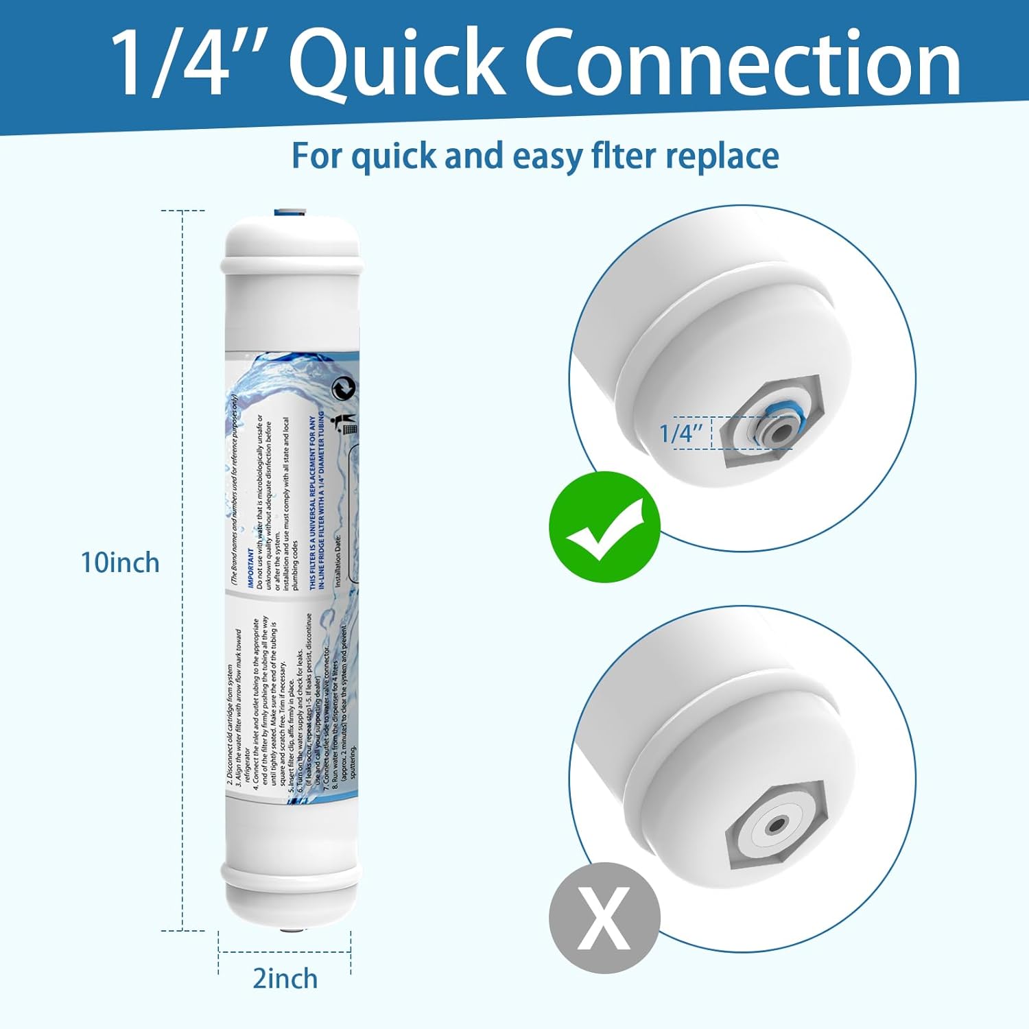 Inline Activated Carbon Water Filter, T33 1/4" Quick-Connect Replacement Cartridges for Refrigerator & Ice Maker, Under Sink System, Reverse Osmosis Water System, 2 Pack