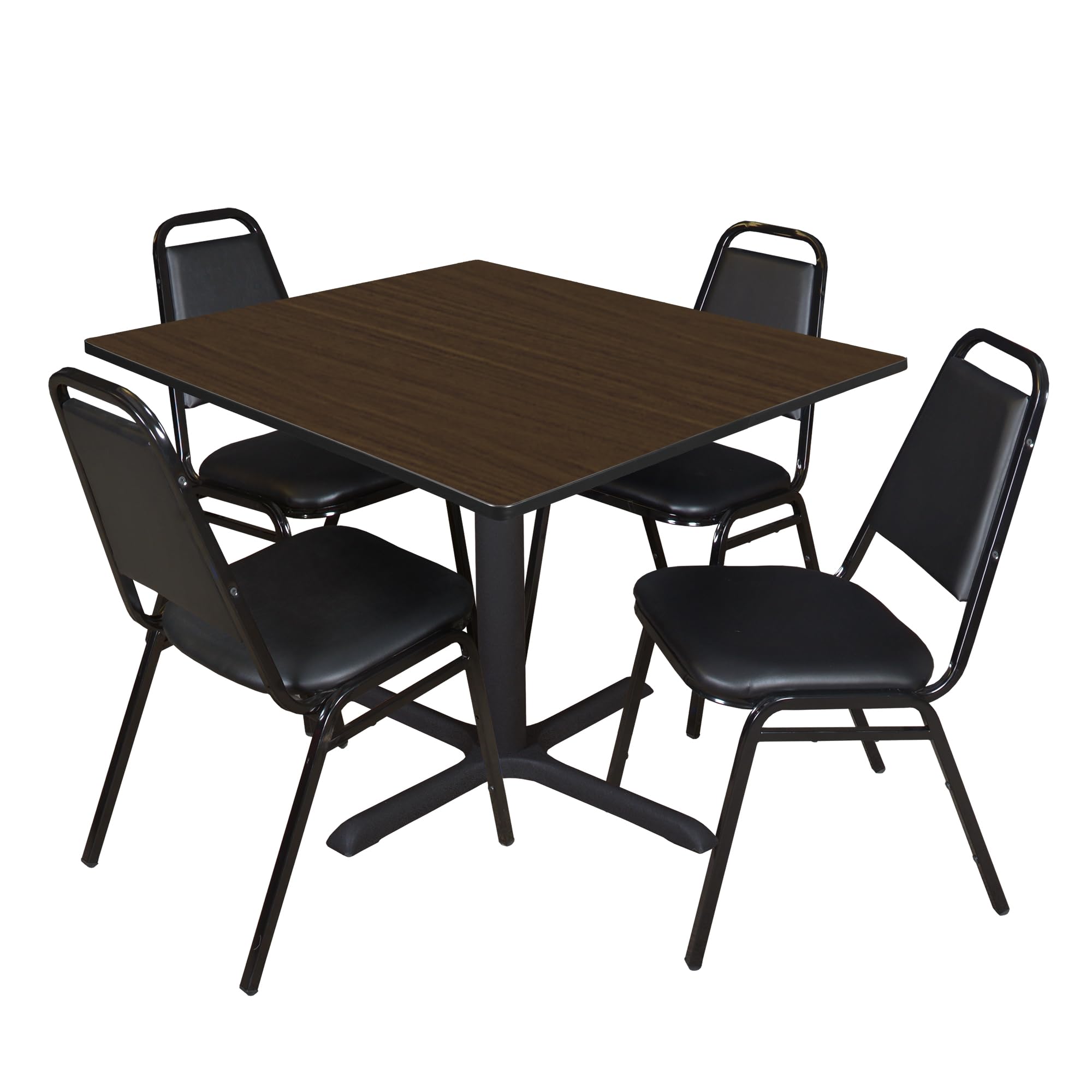 Romig Pillar 48 in. Square Breakroom Table- Neo Walnut &amp; 4 Restaurant Stack Chairs- Black
