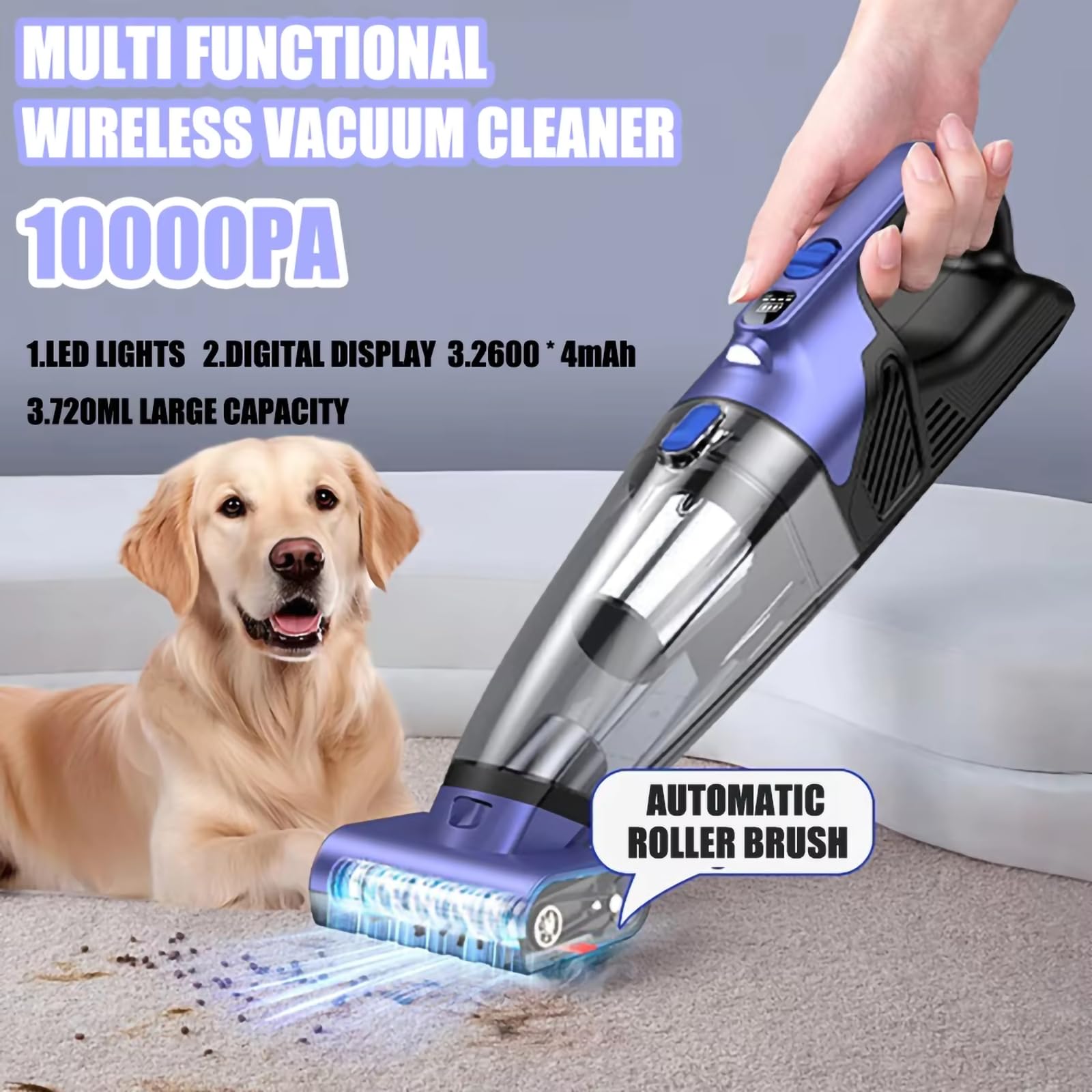 Aspiradora de Coche inalámbrica de Mano con Potente succión de 10000 PA, 2 velocidades, Filtro Lavable, batería de 10400 mAh, USB-C, para Limpieza del hogar,Black