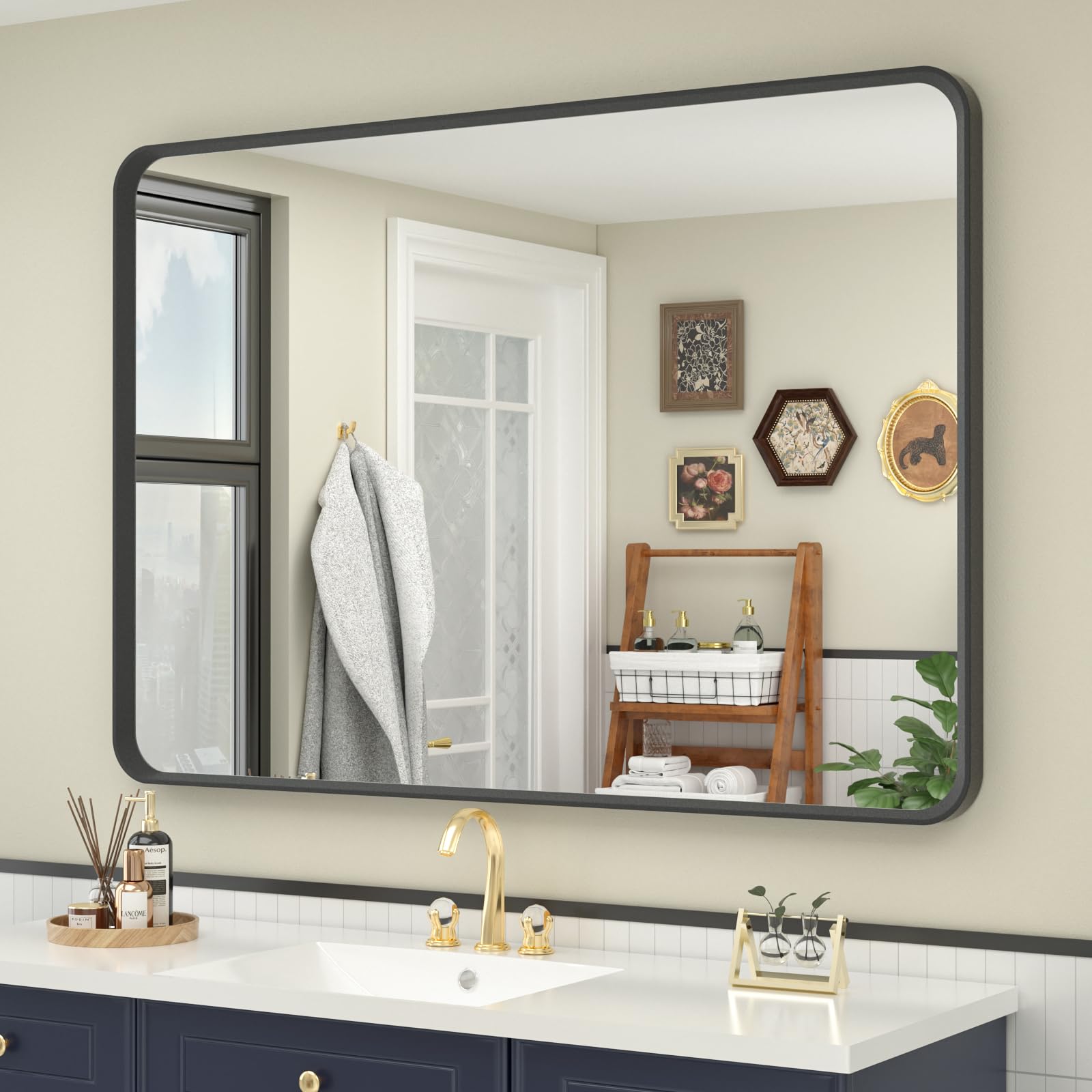 OKPAL 40X32 Inch Black Metal Frame Bathroom Mirror for Wall, Matte Black Vanity Bathroom Mirror, Black Rounded Rectangle Mirror, Rustproof, Shatter-Proof, Hangs Horizontally or Vertically