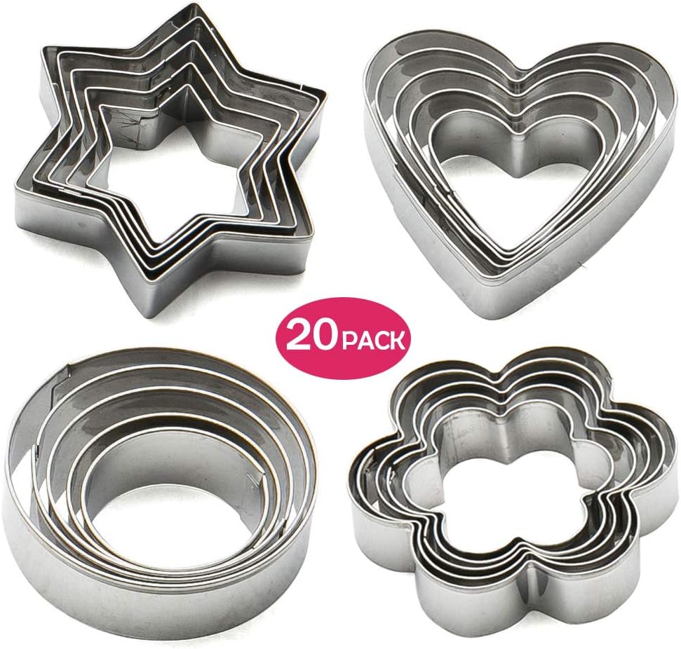 KAISHANE 20 Pieces Cookie Cutters Set Biscuit Cutters Pastry Cutters 4 Shapes (Star Heart Flower Round Shapes) Stainless Steel for Baking