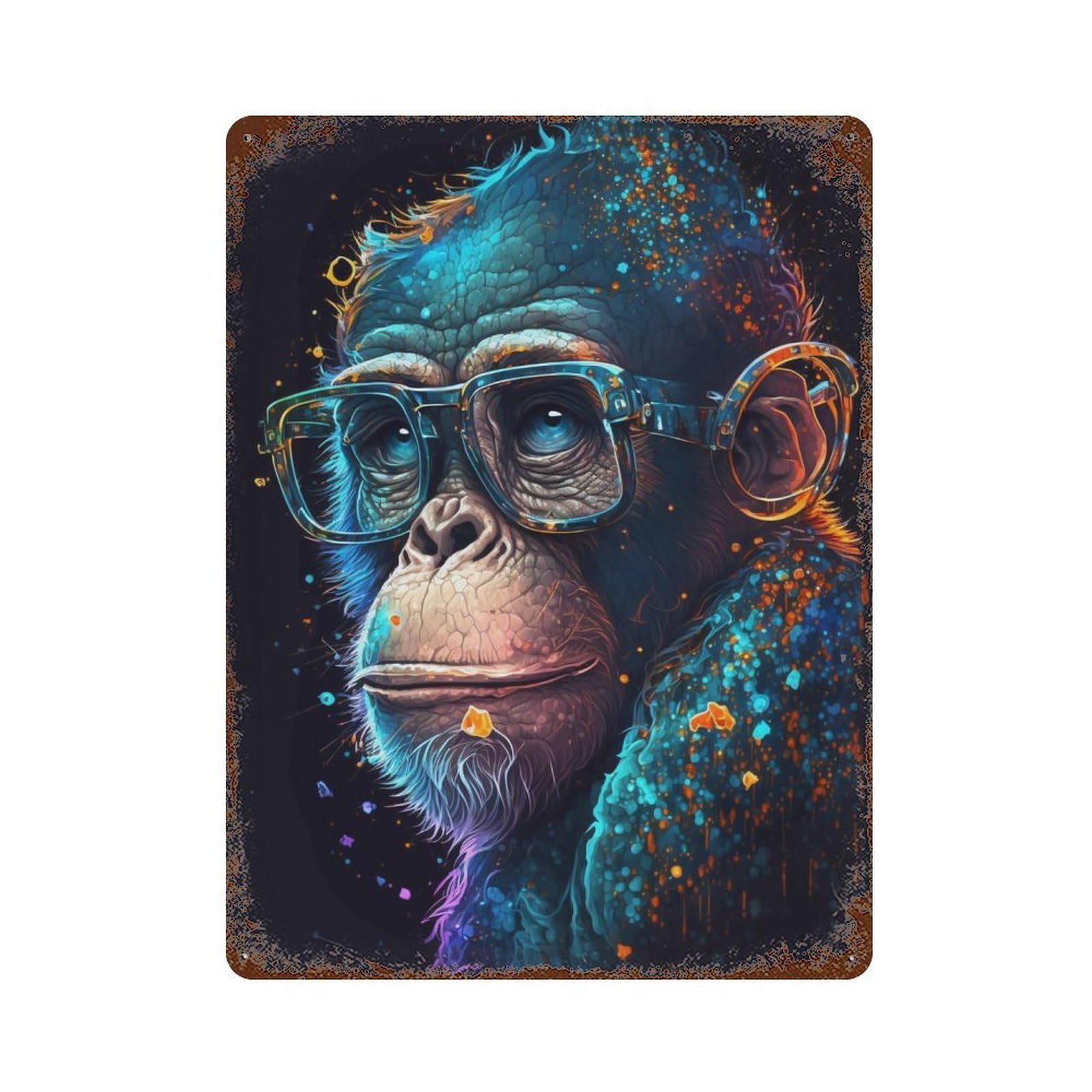 Gorilla with Glasses Art Print 15.7"x11.8" Vintage Rust Metal Sign, Decorative Metal Wall Art for Bistro, Counter And Cafe Decor