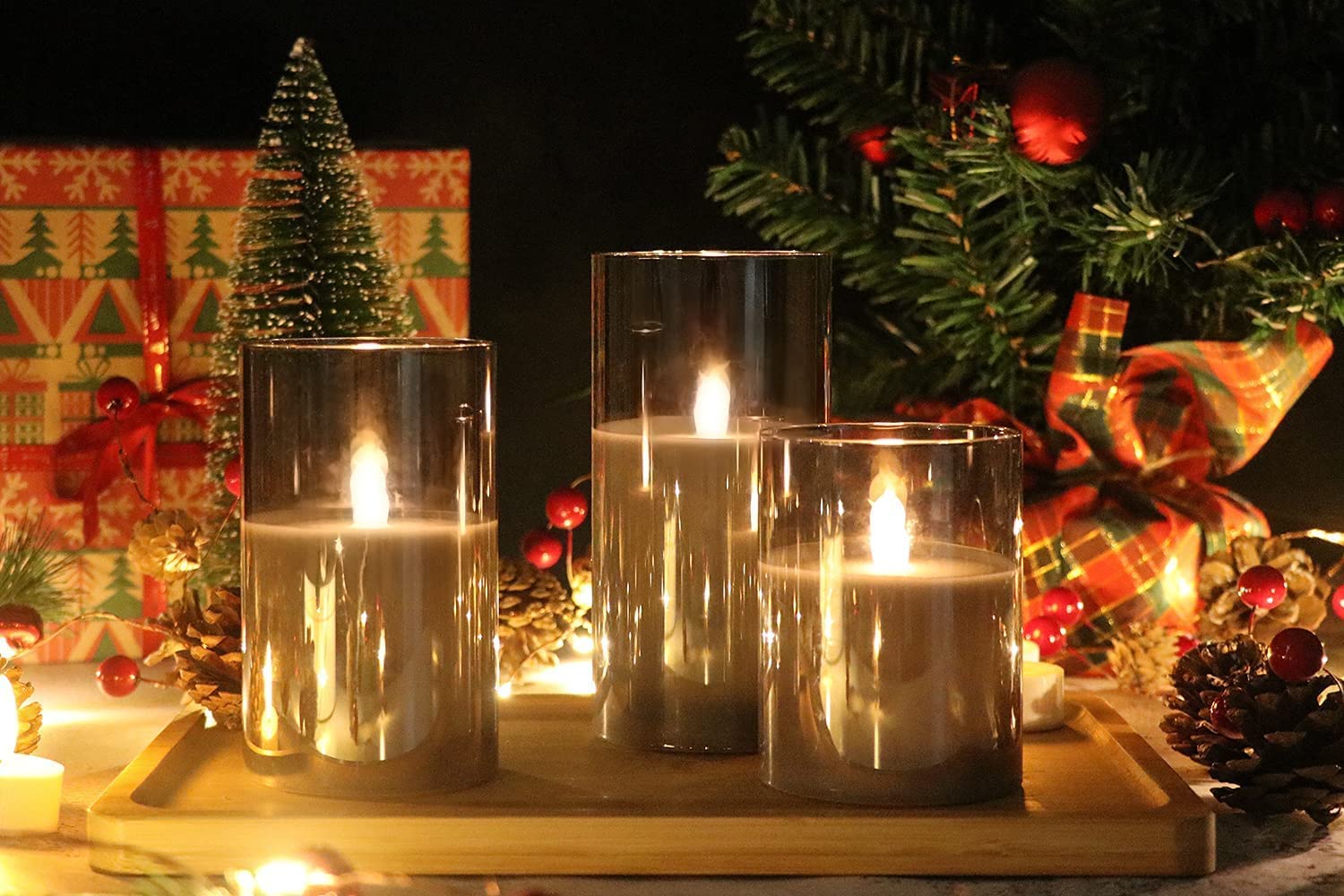 XERGY Glass Battery Operated Flameless Led Candles With 10-Key Remote And Timer, Real Wax Candles Warm White Flickering Light For Home Decoration(Pack of 3, Gray)-image-43