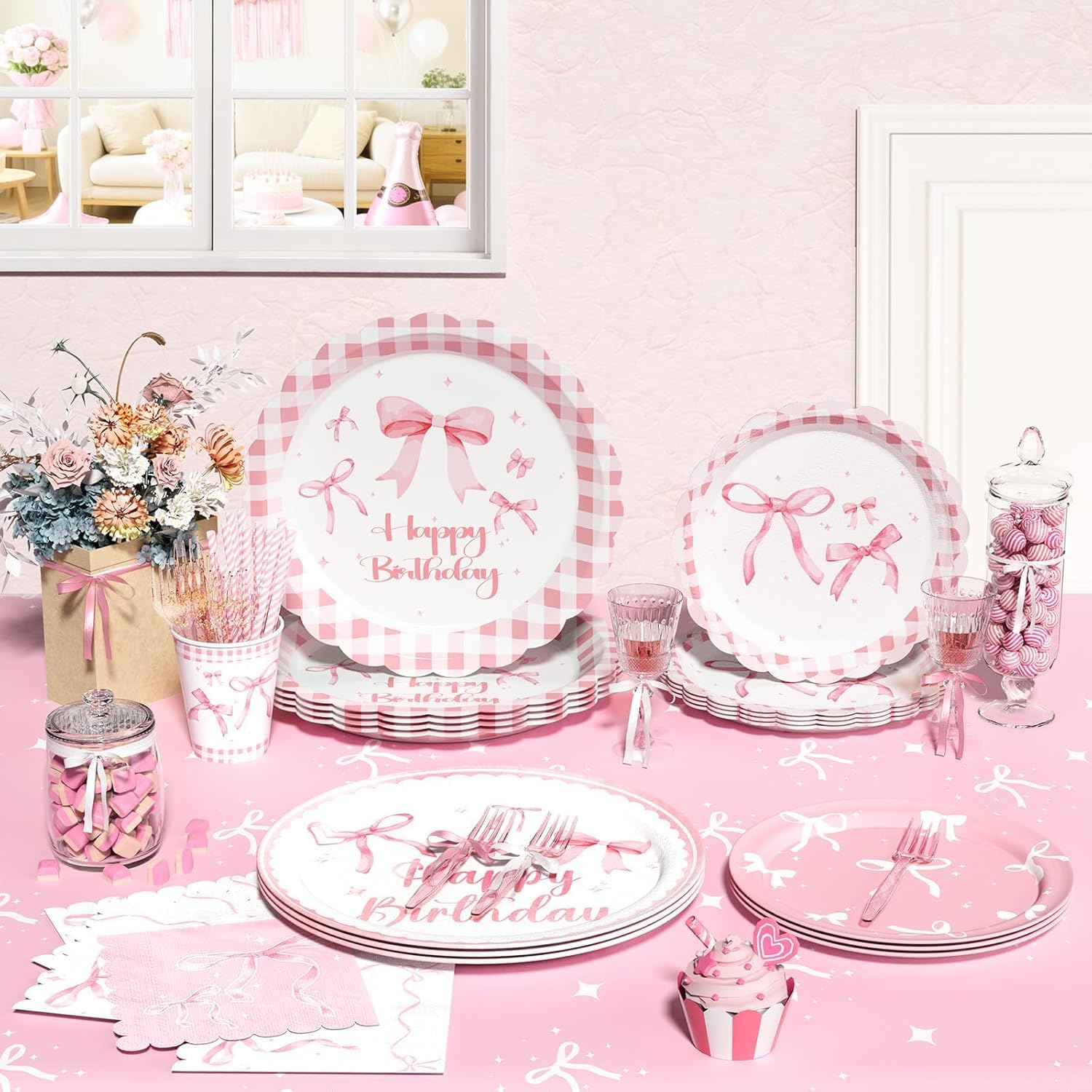 Pink Bow Birthday Party Supplies - 171 PCs Coquette Party Decorations Include Bow Plates Napkins Cups Tablecloth Ribbon Magic Balloon Pink Balloons, Tableware for Girls Bachelorette Decor - Image 4