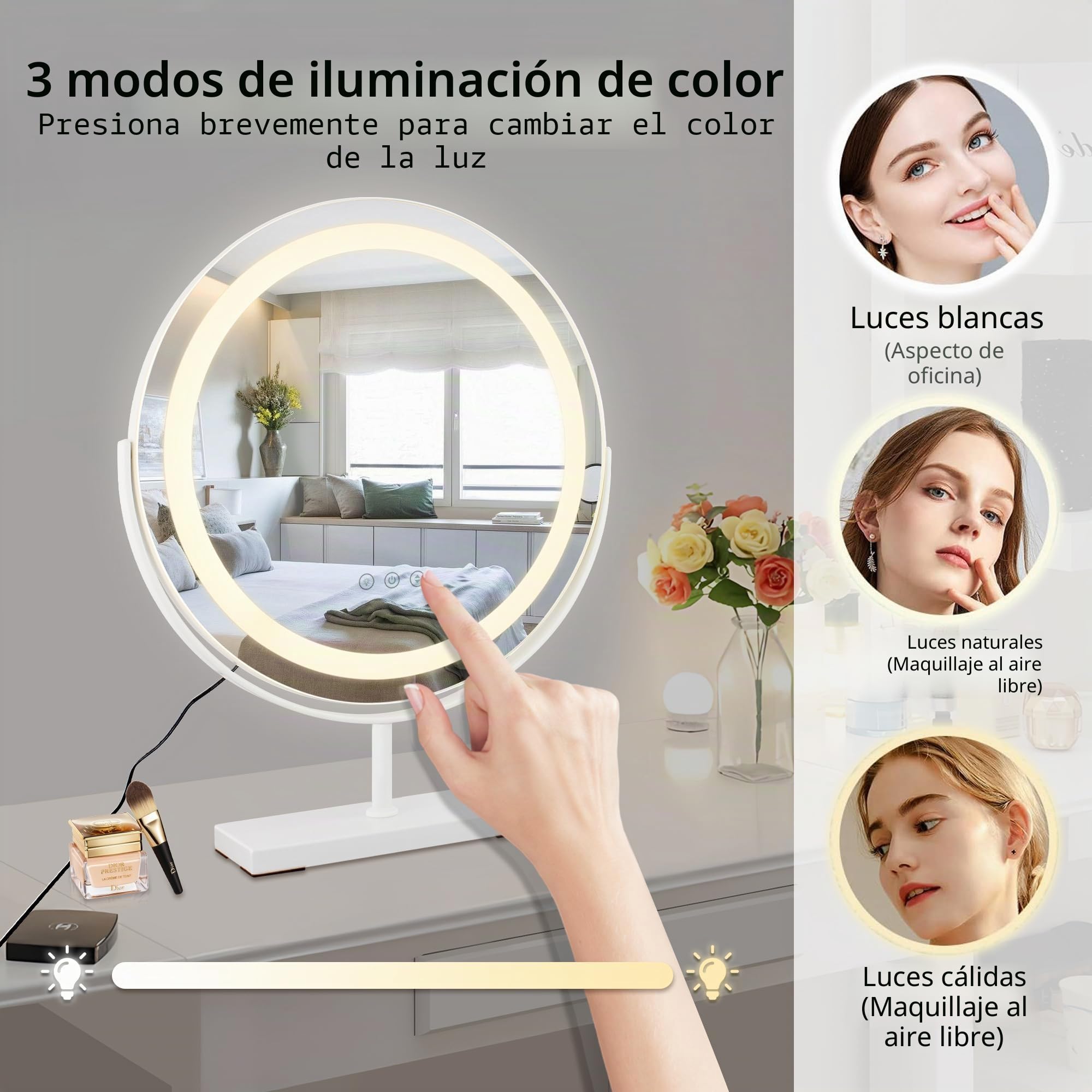 MantoLite Espejo de Maquillaje Redondo LED Iluminado 40 cm Blanco Táctil | Espejo de maquillaje grande giratorio 360° con luces, espejo de mesa regulable con 3 modos de iluminación.