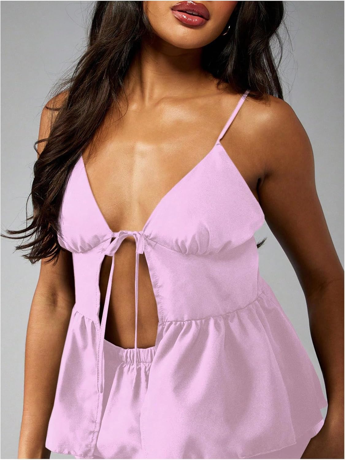 Women's 2 Piece Cute Pajama Sets Summer Tie Front Peplum Babydoll Top and Shorts Loungewear Sleepwear - Image 5