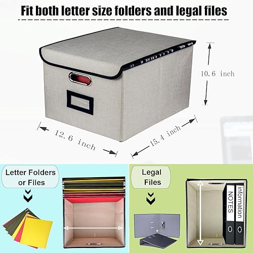 Miniatura 4 de Caja organizadora de archivos plegable, cajas de almacenamiento para colgar archivos con tapa, caja de carpetas de archivos portátil de lino con