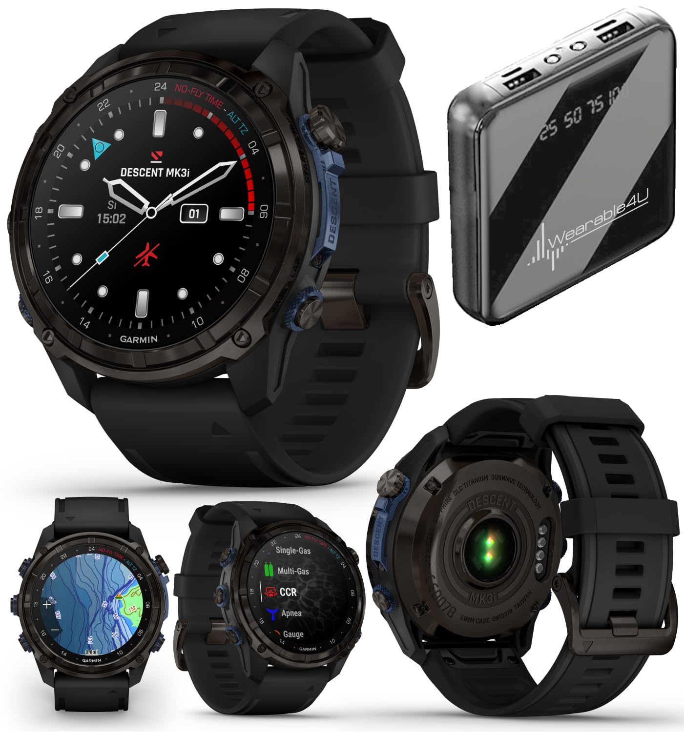 Wearable4U Garmin Descent Mk3 & Mk3i 51 mm & 43 mm, Titanium Dive Computer +Extra-Long Strap | Up to 25 Days Battery Life, AMOLED Display, GPS Smartwatch Gift Bundle (010-02752-10)
