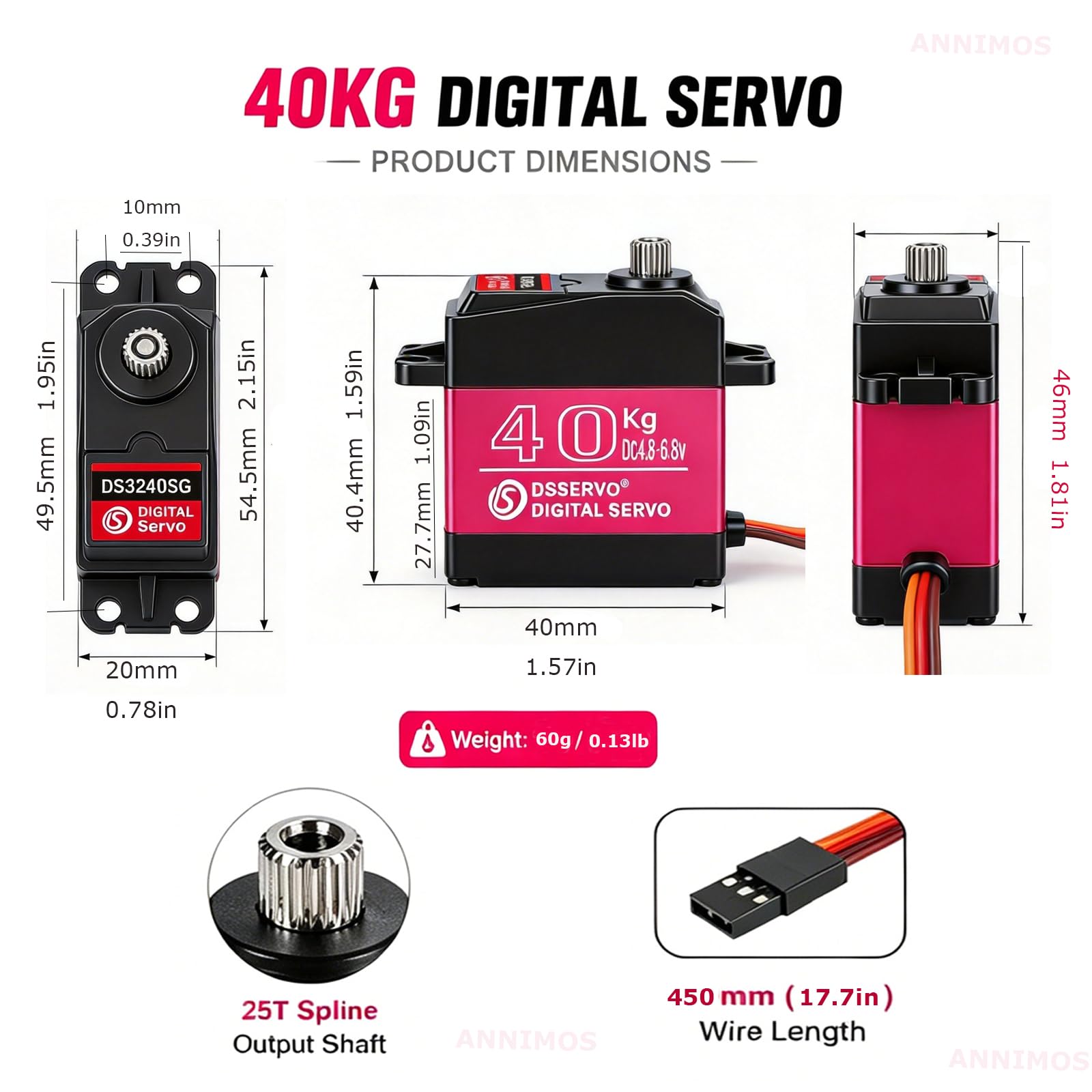 Paquete de 2 servos digitales de alto par de torsión, engranaje de acero inoxidable de metal completo, impermeable, servos RC (40 kg)