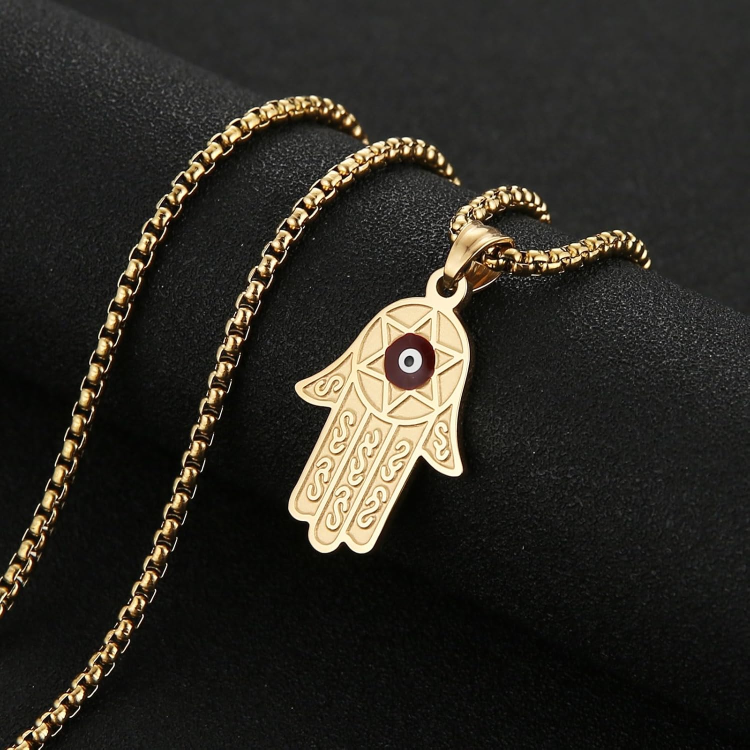 HZMAN Stainless Steel Hands of Fatima Necklace Solomon Hexagram Talisman Necklace with Blue Evil Eye - Image 5