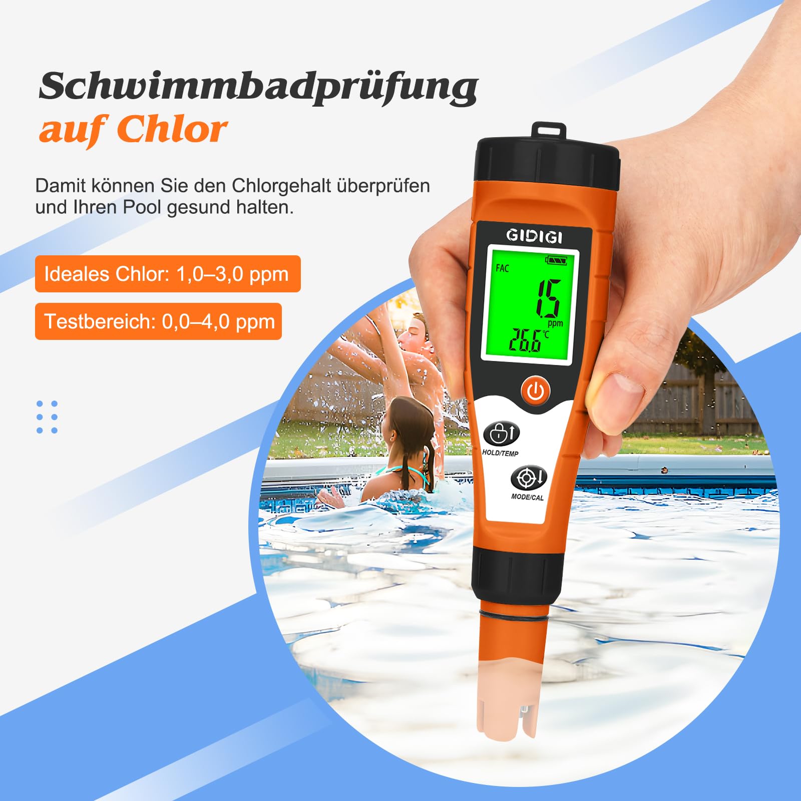 pH und Chlormessgerät für Pools Salzmessgerät für Schwimmbäder | 7-in-1 Messgerät ORP, EC, TDS und Temperatur Für Aquarien mit Kalibrierlösung, Hydrokultur, Whirlpools, Wassertest-Set