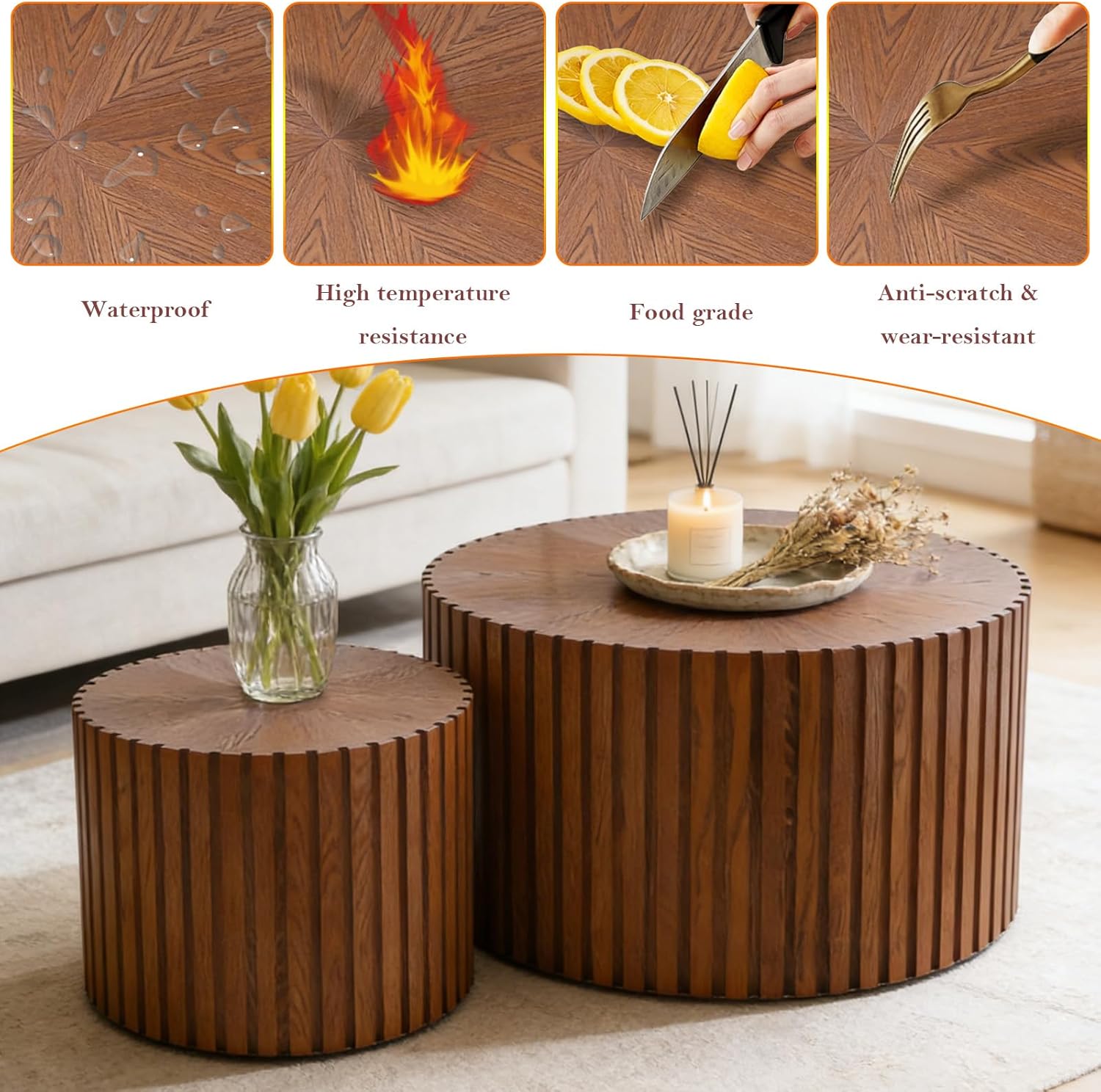 Handcraft Round Nesting Coffee Table - Chic Wave Stripe Edge, Modern Stylish Walnut Wooden Circle Fluted Center Table for Living Room (Brown 27.56+19.69in)