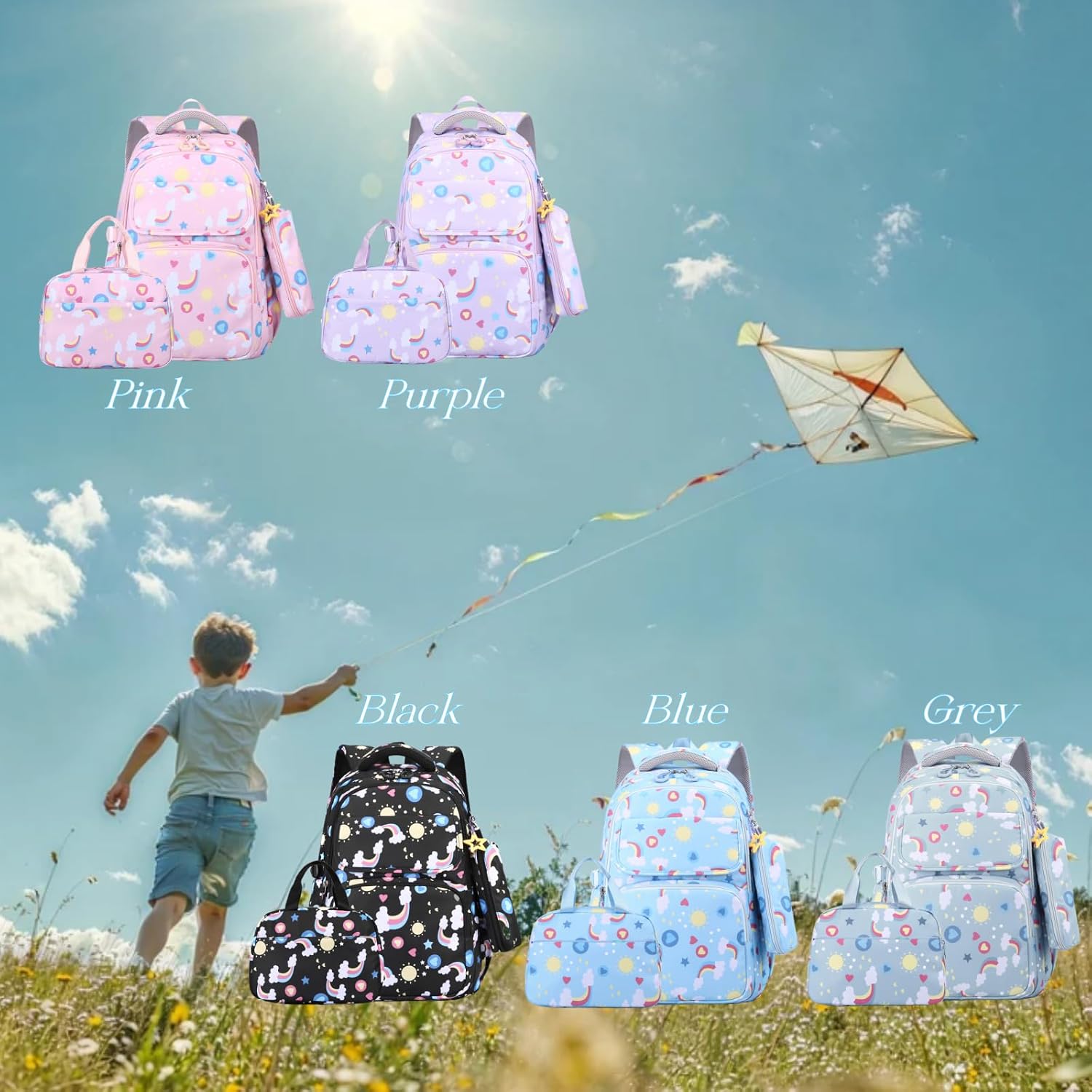 Mfikaryi Kids Backpacks for Girls Rainbow BookBag Set Teens School Backpack with Lunch Box