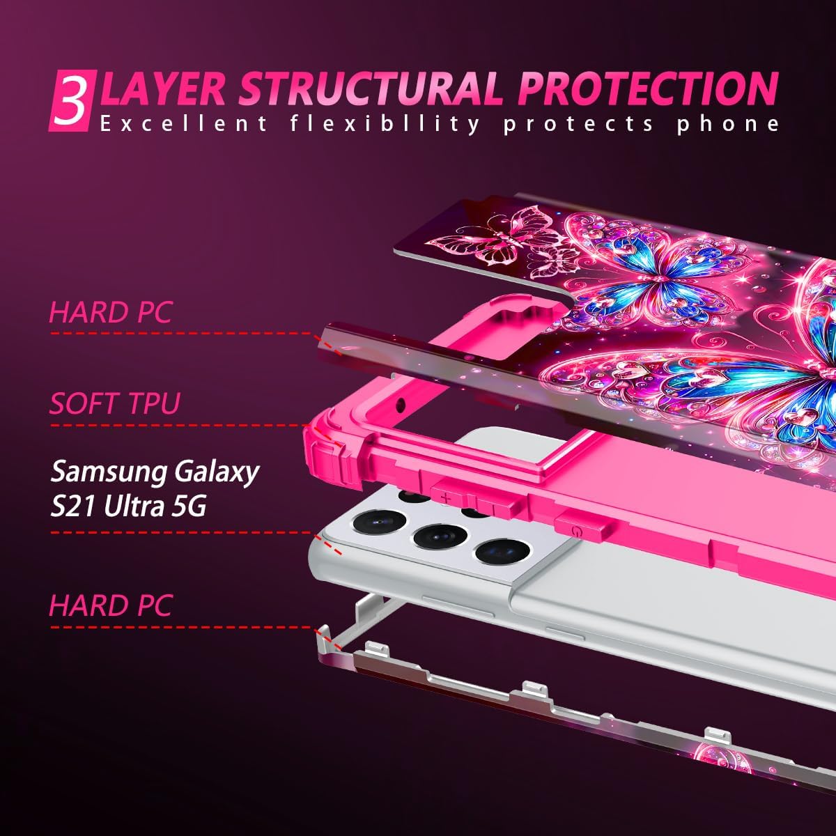 Miqala for Galaxy S21 Ultra 5G Case,Glow in The Dark Three Layer Heavy Duty Shockproof Full Body Protection Hard Plastic Bumper+Soft Silicone Case for Samsung Galaxy S21 Ultra 6.8 inch,Pink Butterfly image 4