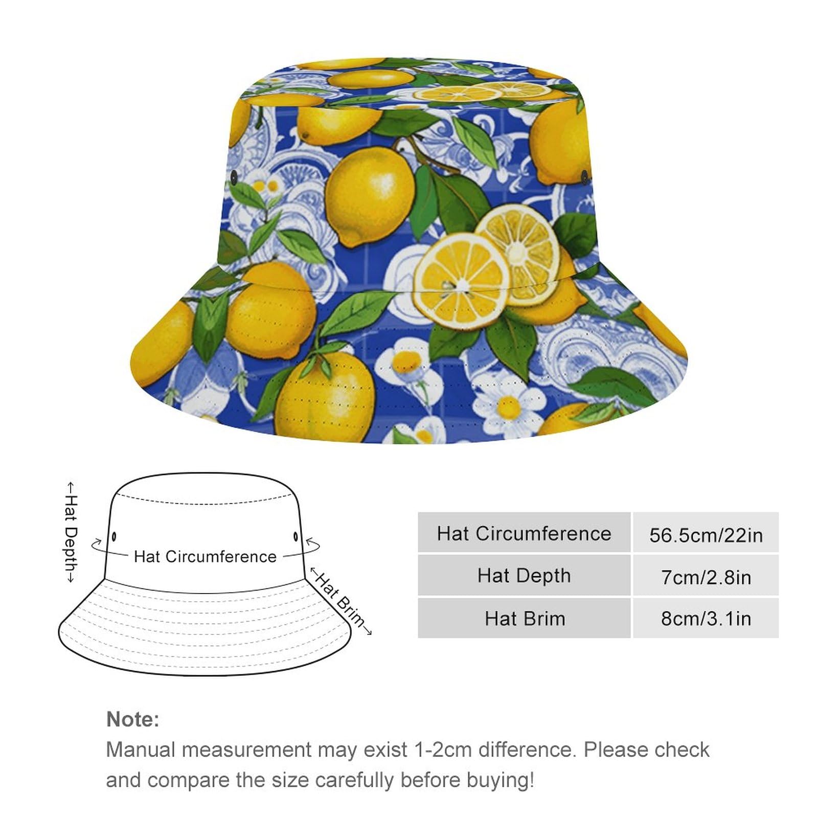 Mediterranean Lemon On Blue Ceramic Tiles Bucket Hat for Men Women Fisherman Hat Packable Sun Cap Outdoor Travel Beach Caps